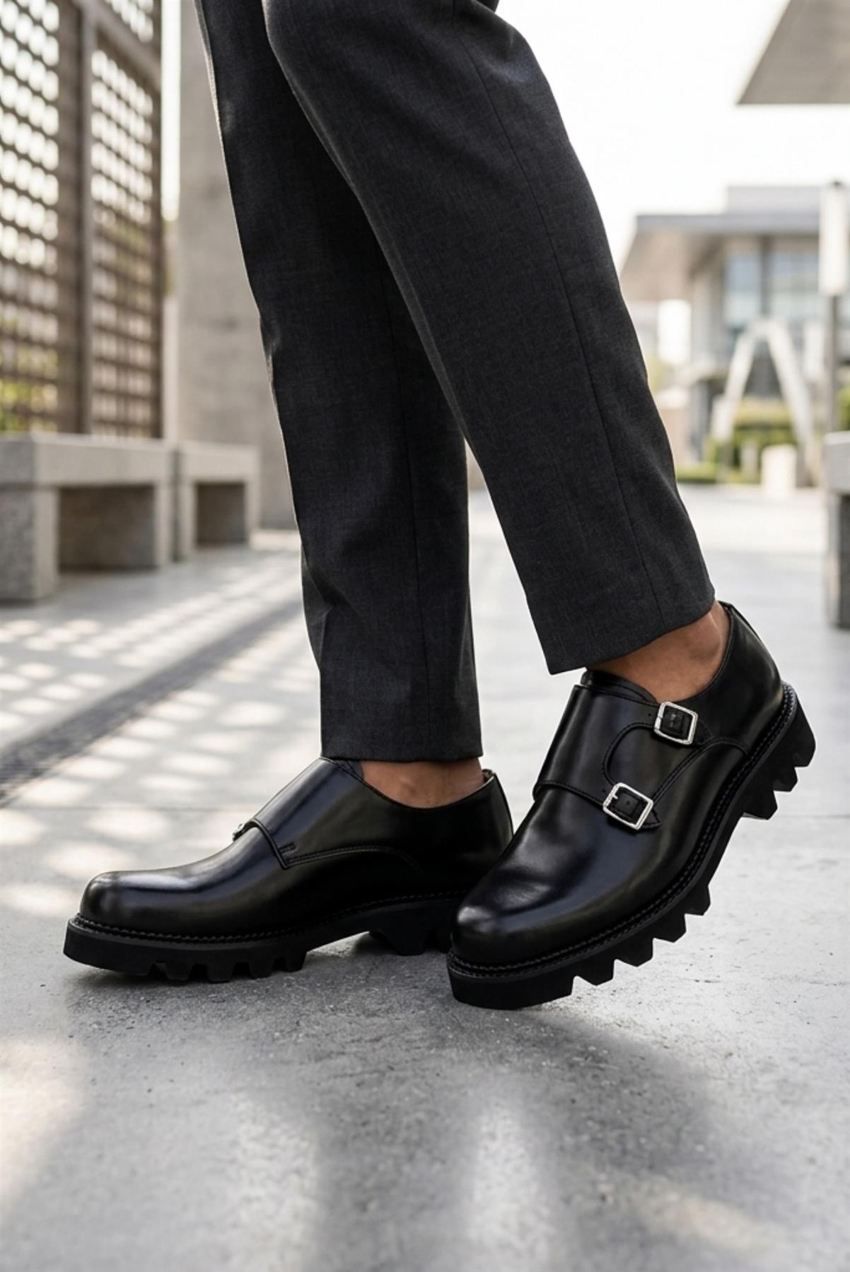 KNOX Men’s Black Leather Chunky Double Monk Strap Shoes Sartorial Shoes