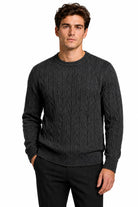 Men's Charcoal Grey 100% Cotton Fine Cable Knit Crew Neck Jumper CAVANI