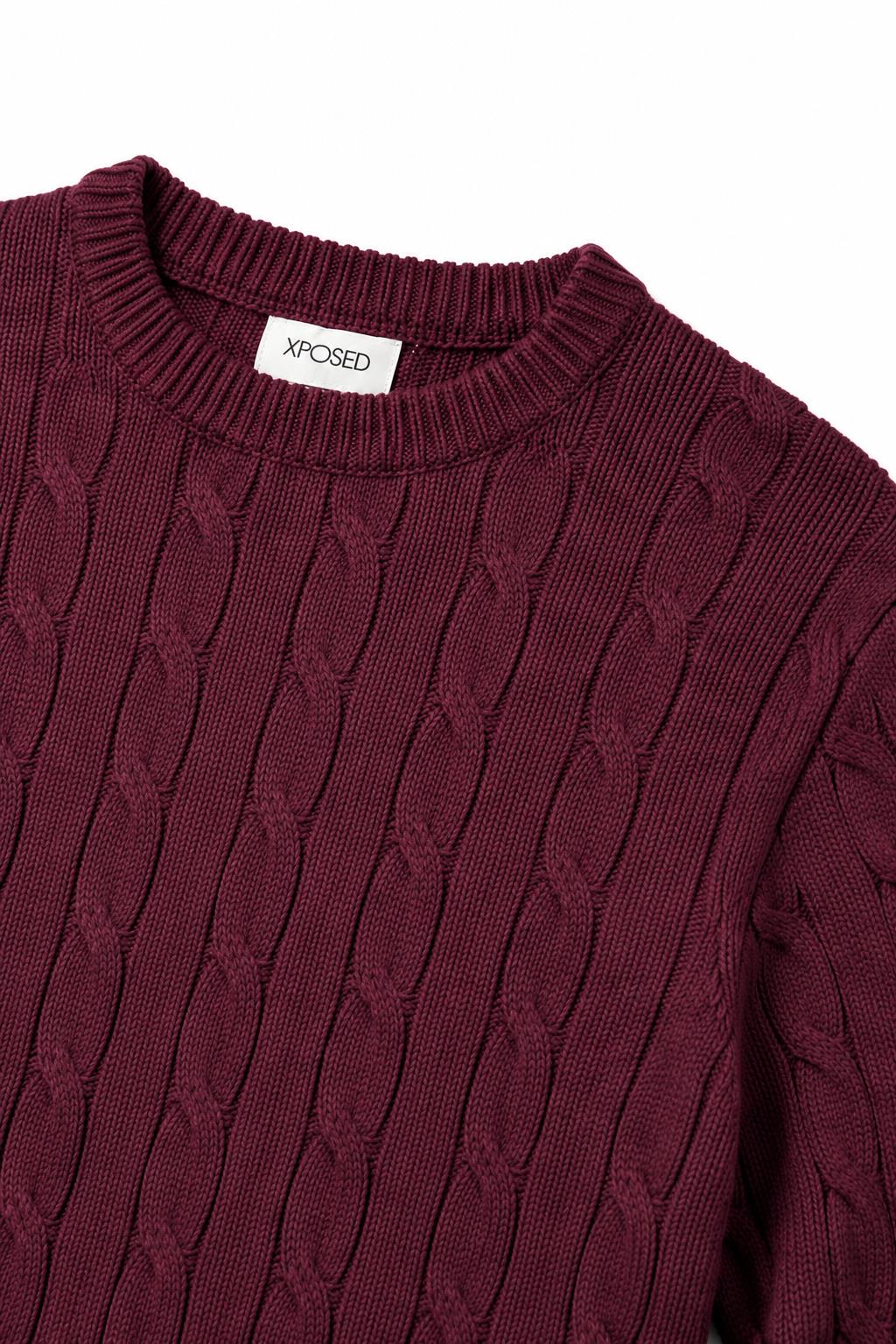 Men's Maroon 100% Cotton Fine Cable Knit Crew Neck Jumper CAVANI
