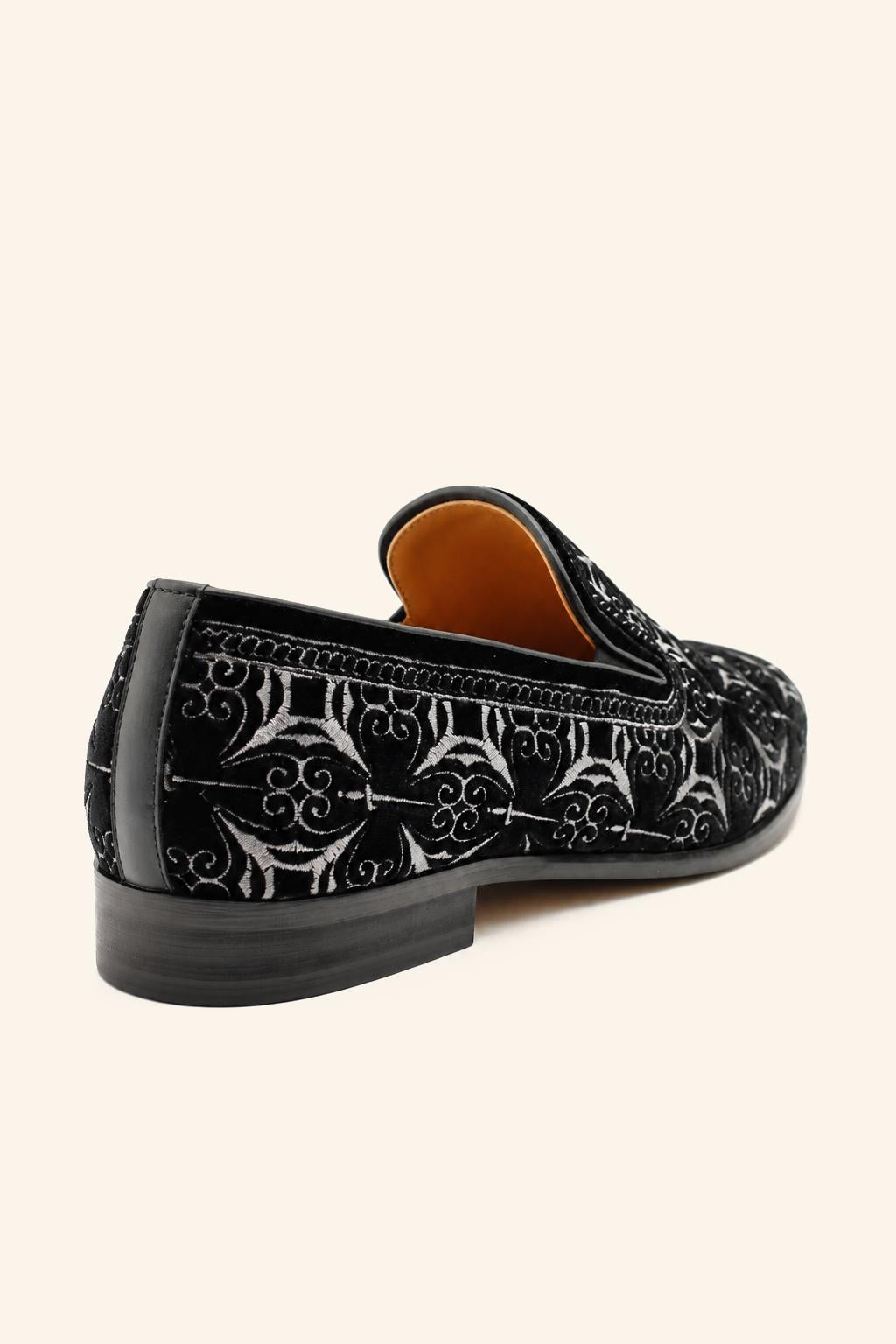 VITO Men’s Black Silver Embroidered Velvet Real Leather Party Loafers Sartorial Shoes
