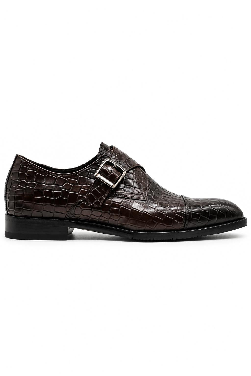 ELAN - Men's Coffee Brown Croc Embossed Leather Single Monk Strap Shoes Sartorial Shoes