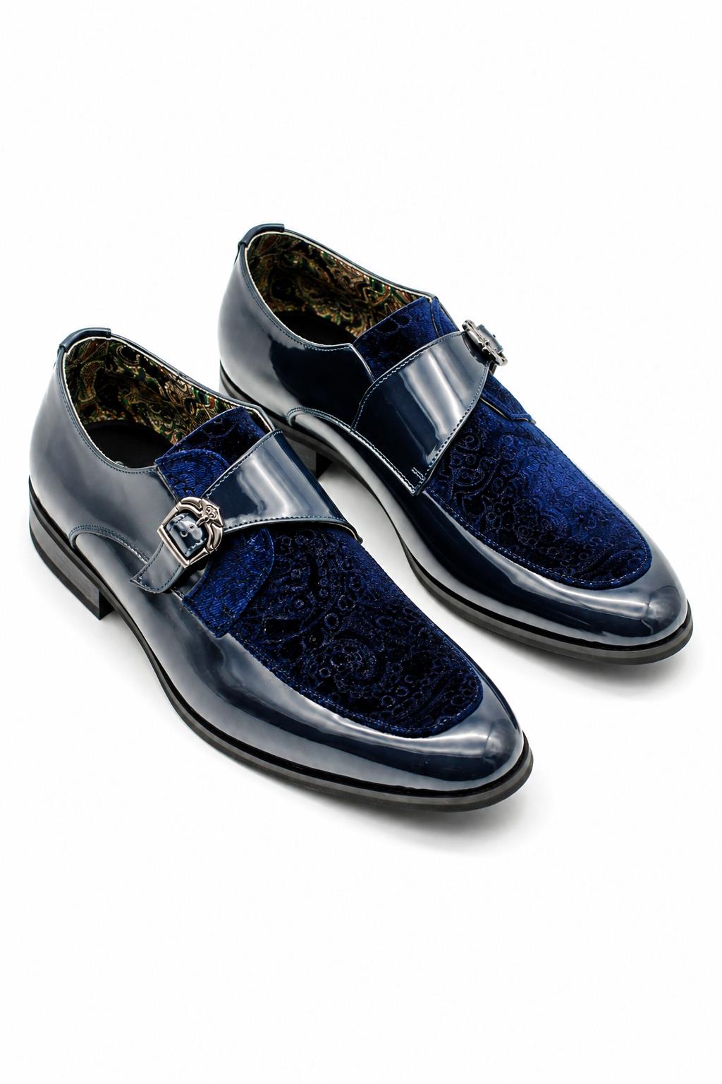 Men's Navy Floral Velvet Monk Strap Dress Shoes Sartorial Shoes