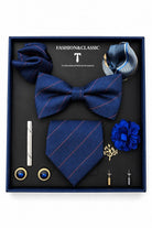 Men’s Navy Blue Stripe 8-Piece Tie & Bow Tie Wedding Gift Set Sartorial Shoes