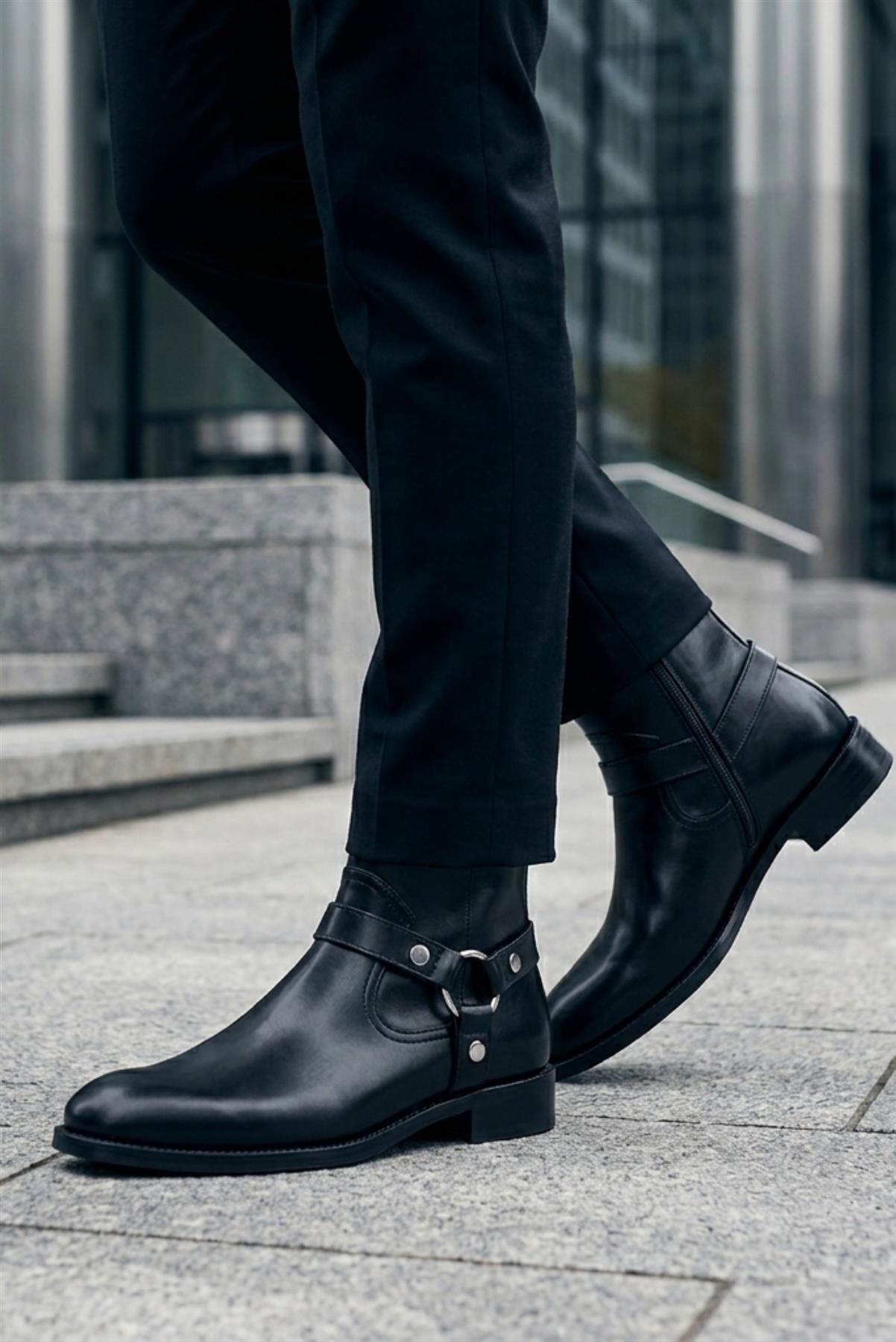 DIEGO Men’s Black Polished Leather Side Zip Ankle Biker Boots Sartorial Shoes