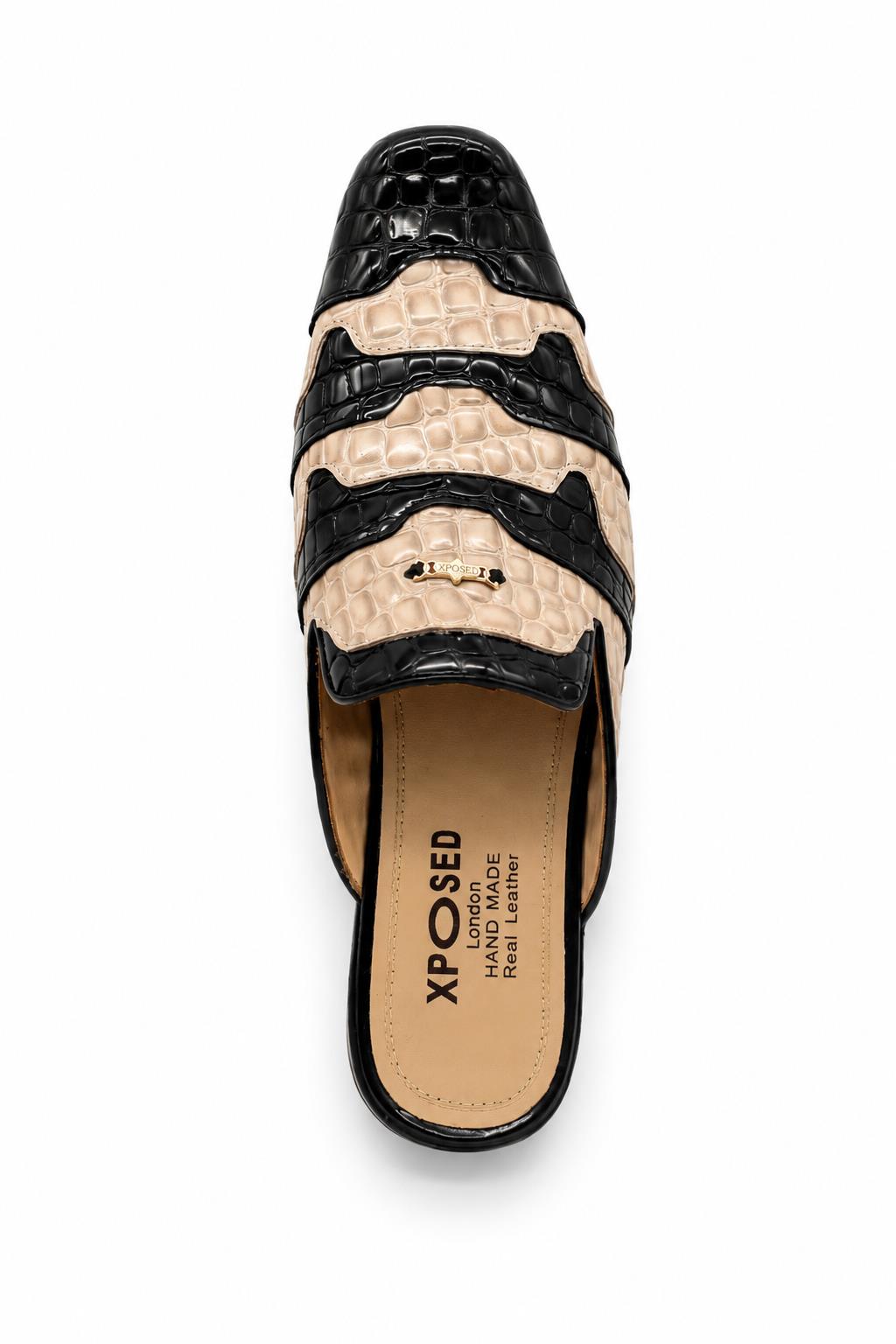 Men’s Black & Beige Shiny Patent Print Half Shoes Sartorial Shoes