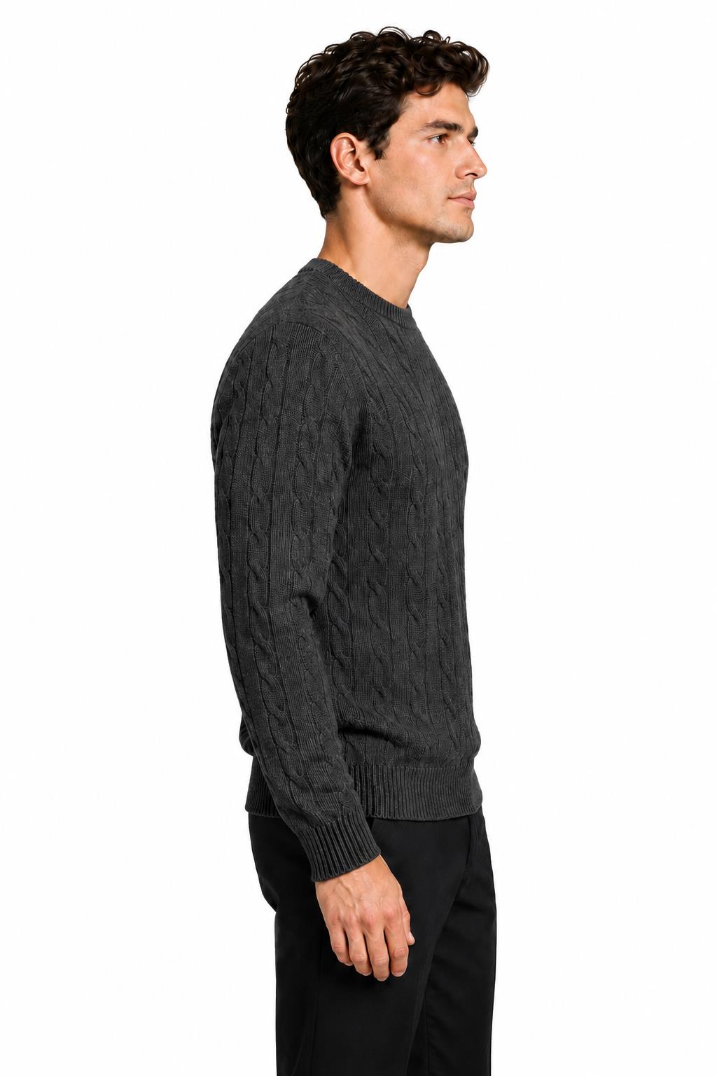 Men's Charcoal Grey 100% Cotton Fine Cable Knit Crew Neck Jumper CAVANI