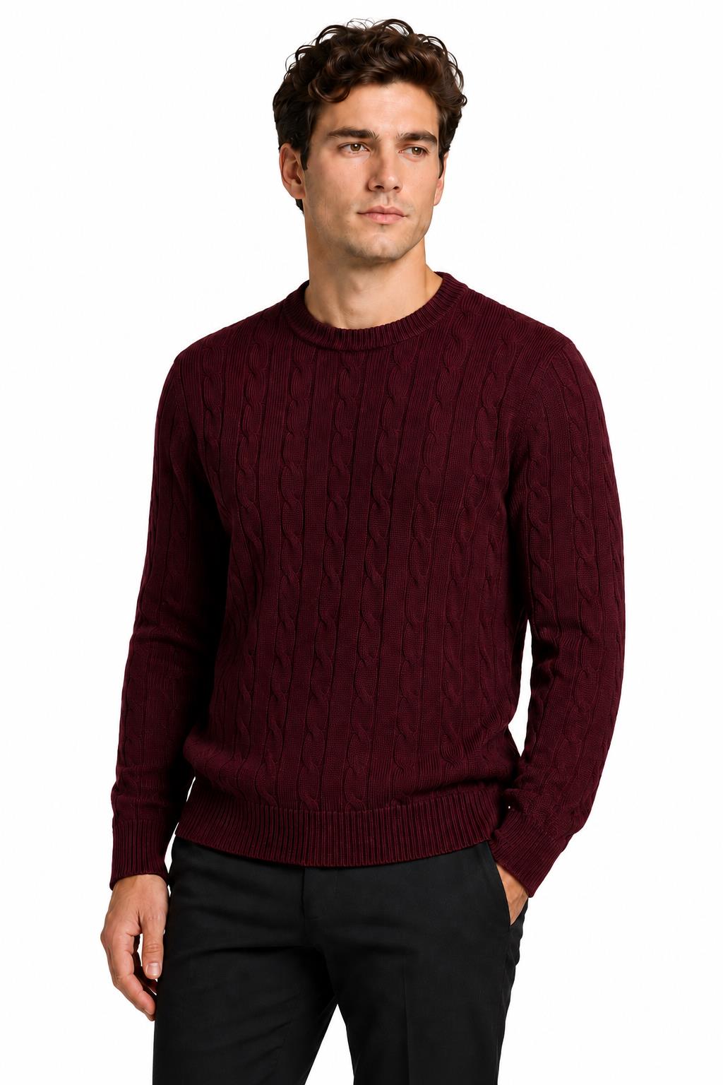 Men's Maroon 100% Cotton Fine Cable Knit Crew Neck Jumper CAVANI