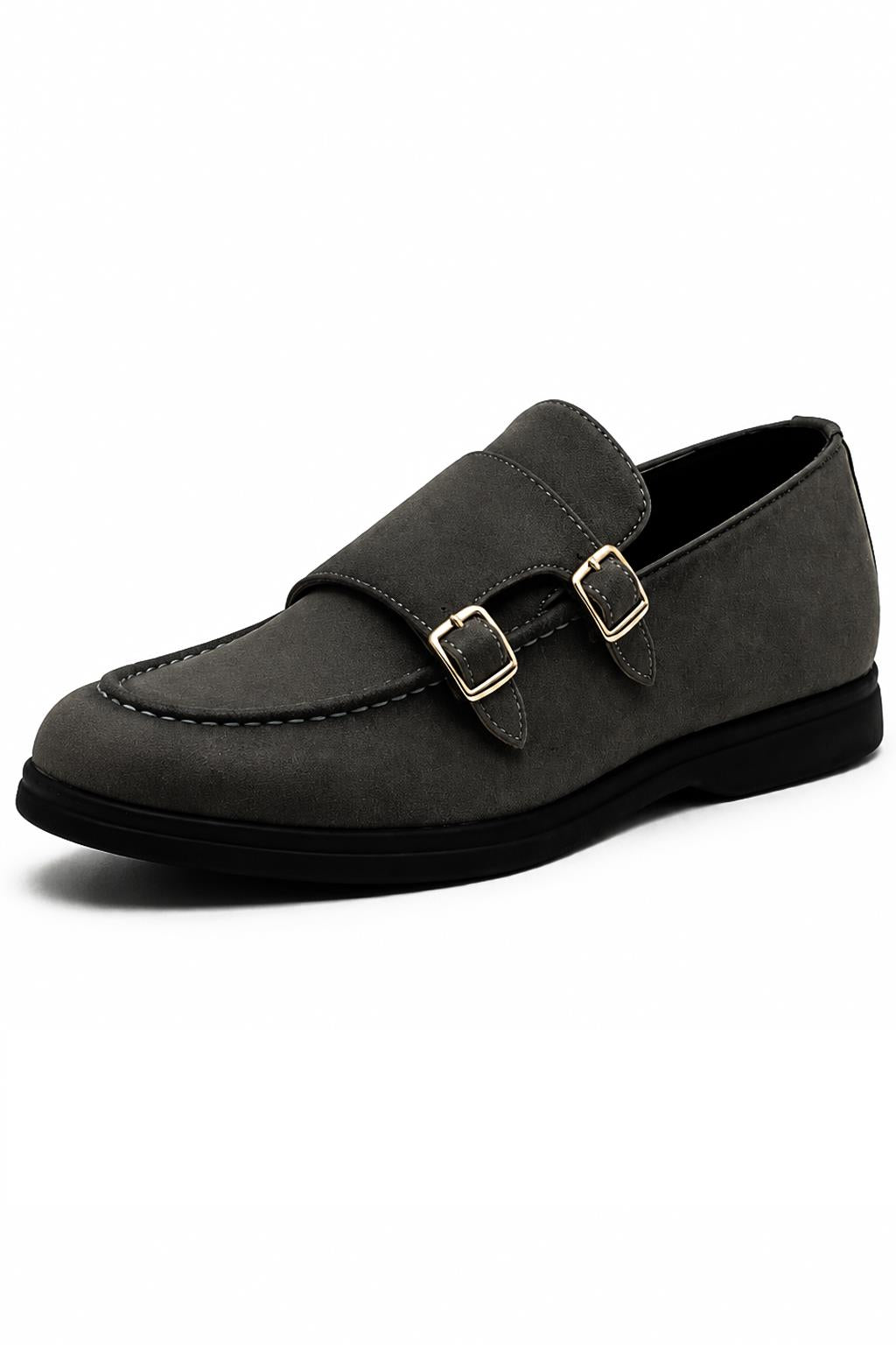 Men's Grey Faux Suede Double Monk Strap Loafers Sartorial Shoes