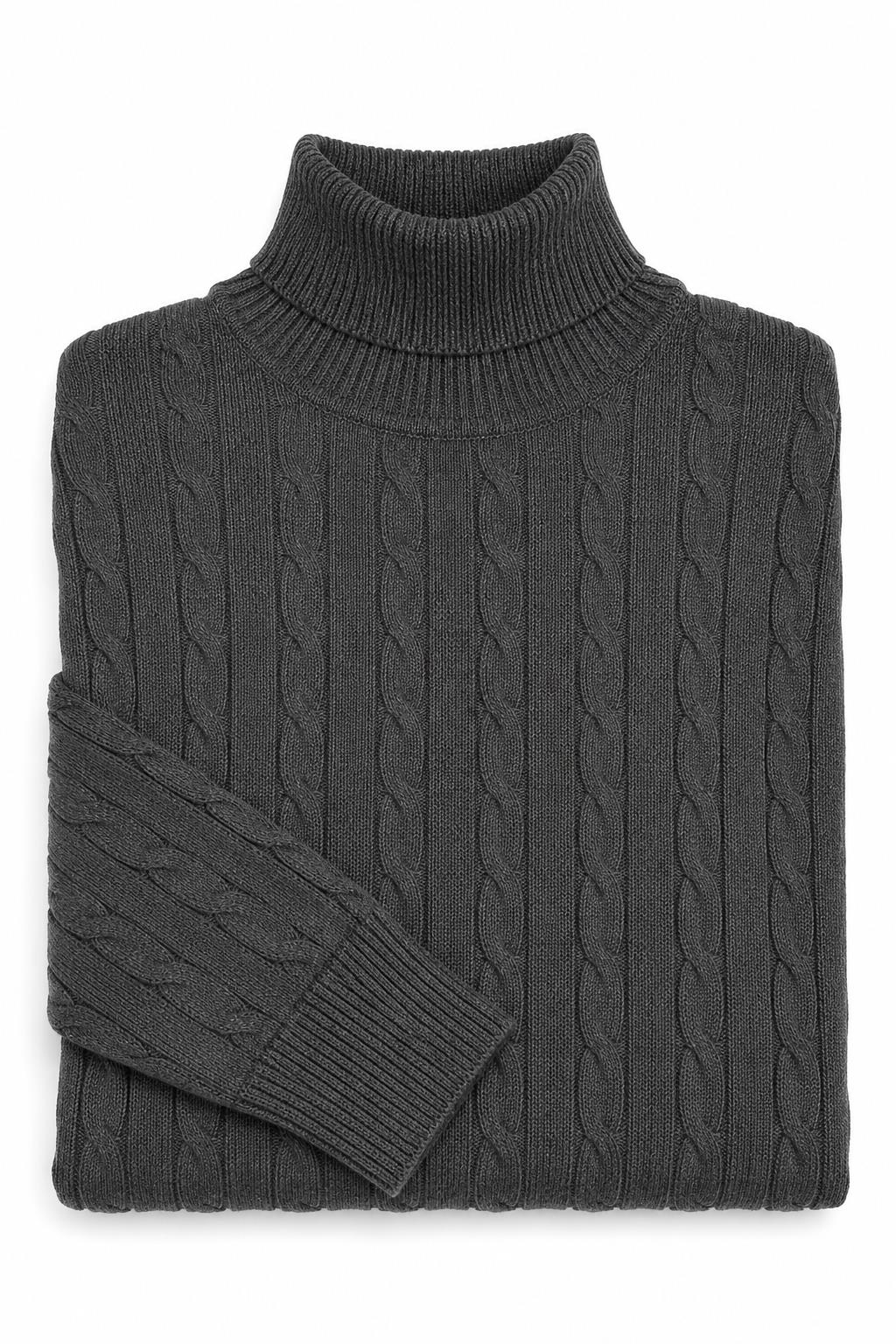 Men's Charcoal Grey 100% Cotton Fine Cable Knit Roll Neck Jumper CAVANI