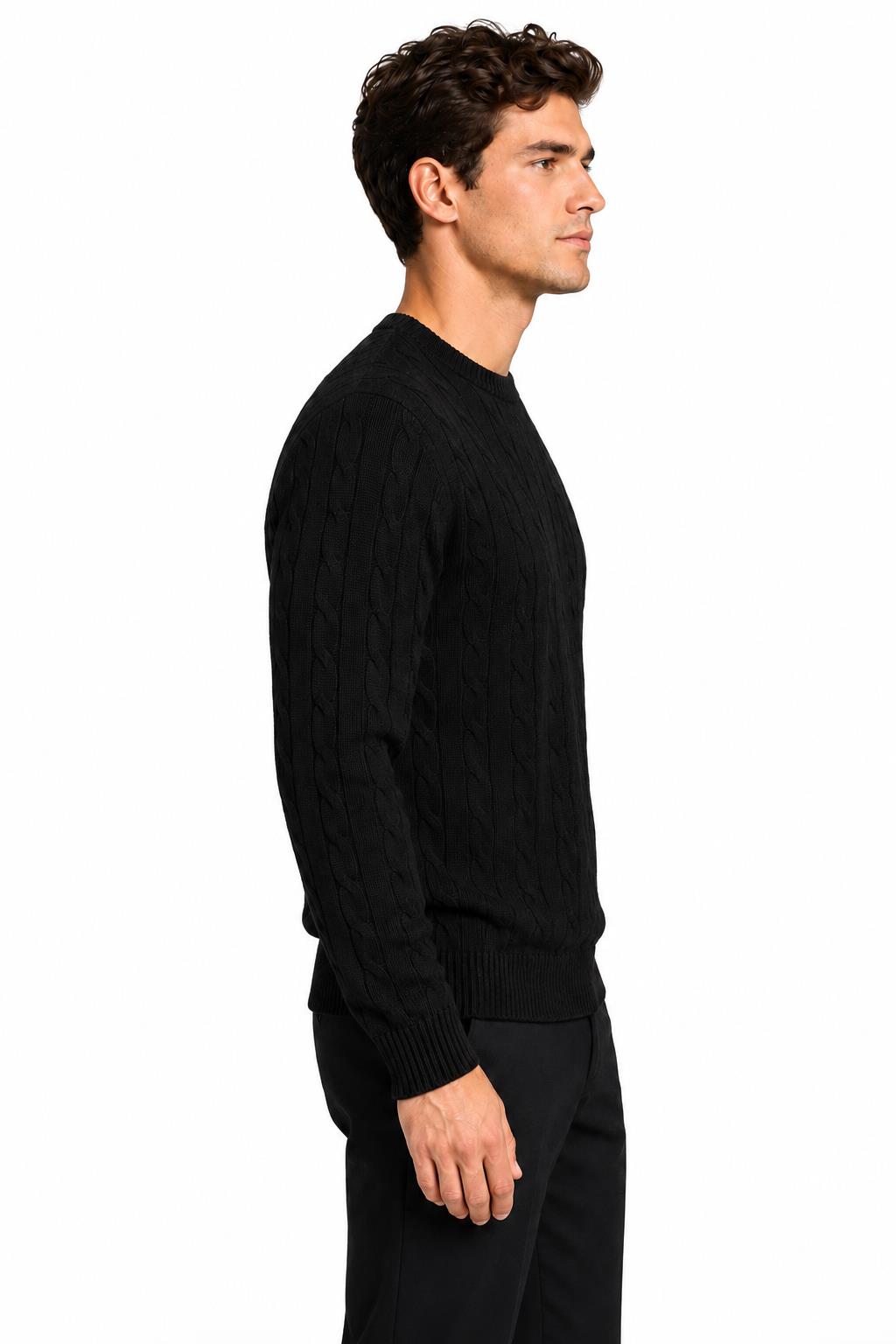 Men's Black 100% Cotton Fine Cable Knit Crew Neck Jumper CAVANI