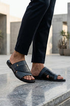 Men's Black & Grey Handmade Real Leather Open Front Slide Sandals Sartorial Shoes