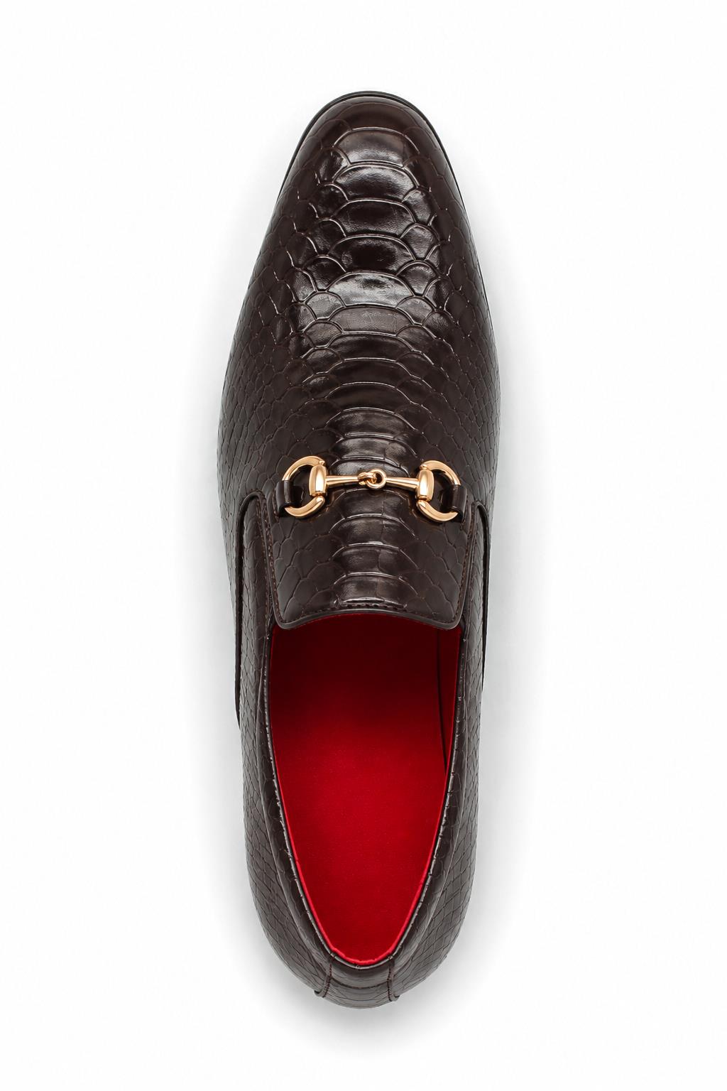 Men's Brown Patent Slip-On Loafers with Gold Snaffle Buckle Sartorial Shoes