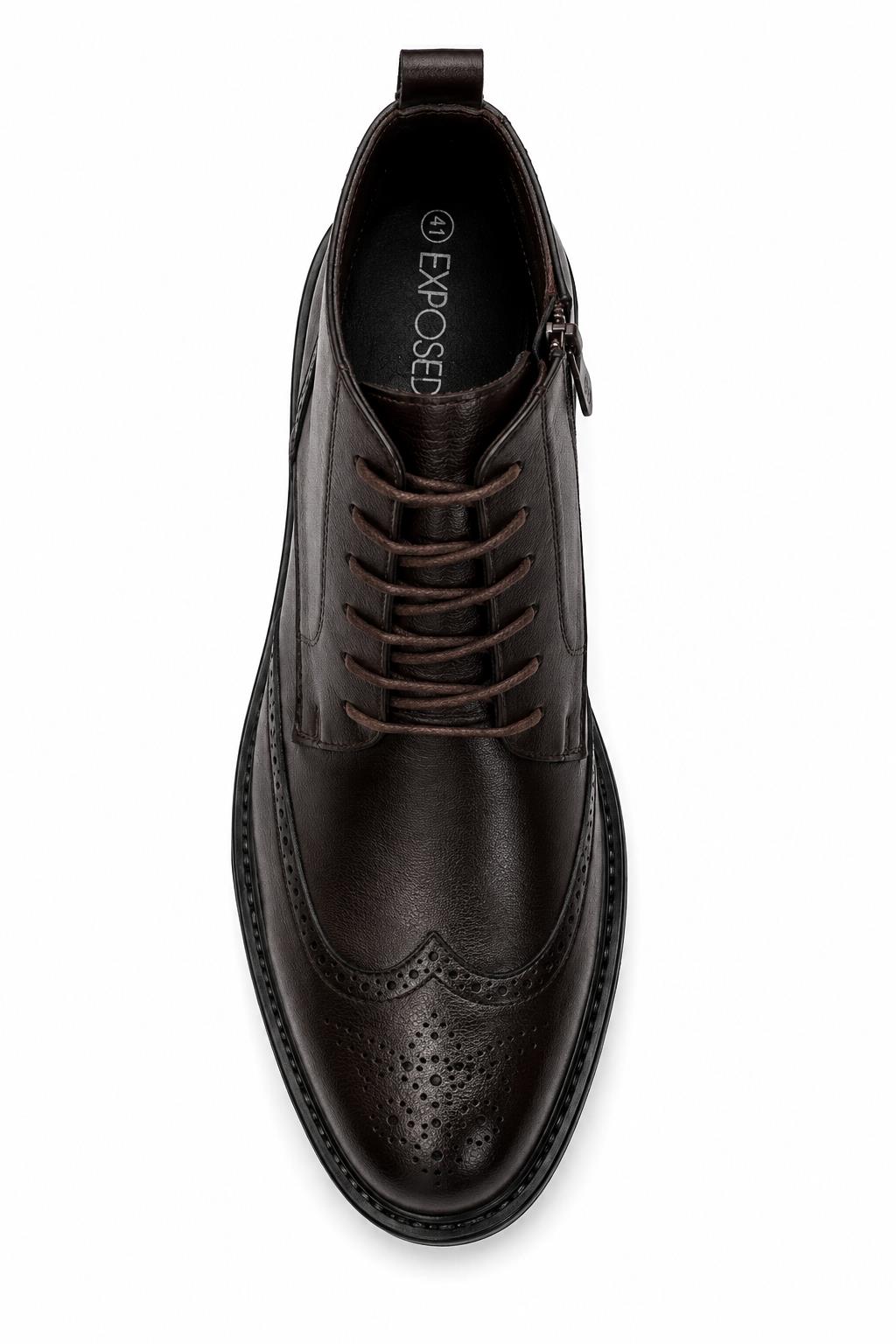 Men's Dark Brown Faux Leather Wingtip Brogue Boots Sartorial Shoes