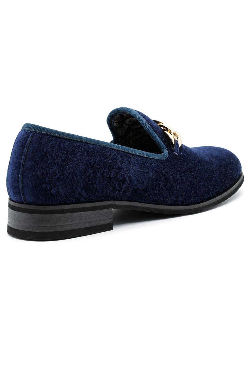 Men's Navy Floral Velvet Gold Chain Wedding Loafers Sartorial Shoes