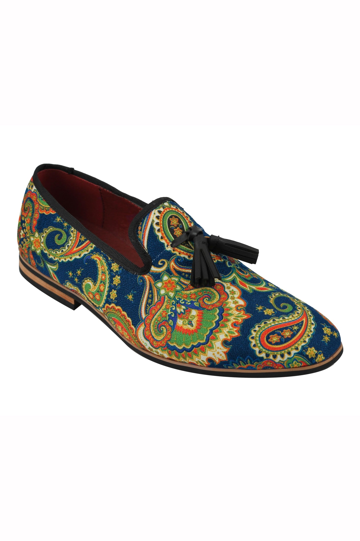 MENS LEATHER TASSEL LOAFER VINTAGE DESIGNER STYLE PAISLEY PRINT SHOES BLACK BLUE