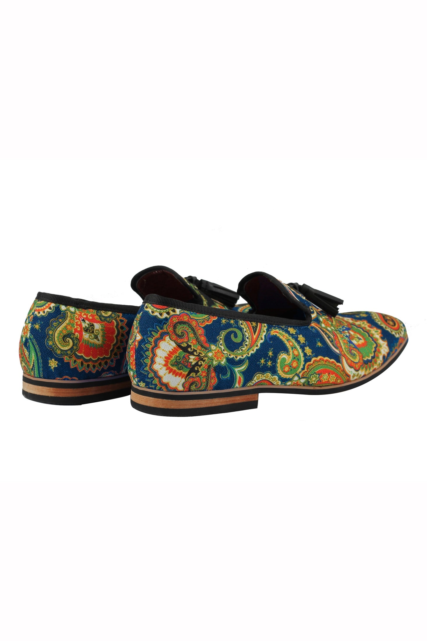 MENS LEATHER TASSEL LOAFER VINTAGE DESIGNER STYLE PAISLEY PRINT SHOES BLACK BLUE
