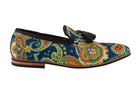 MENS LEATHER TASSEL LOAFER VINTAGE DESIGNER STYLE PAISLEY PRINT SHOES BLACK BLUE