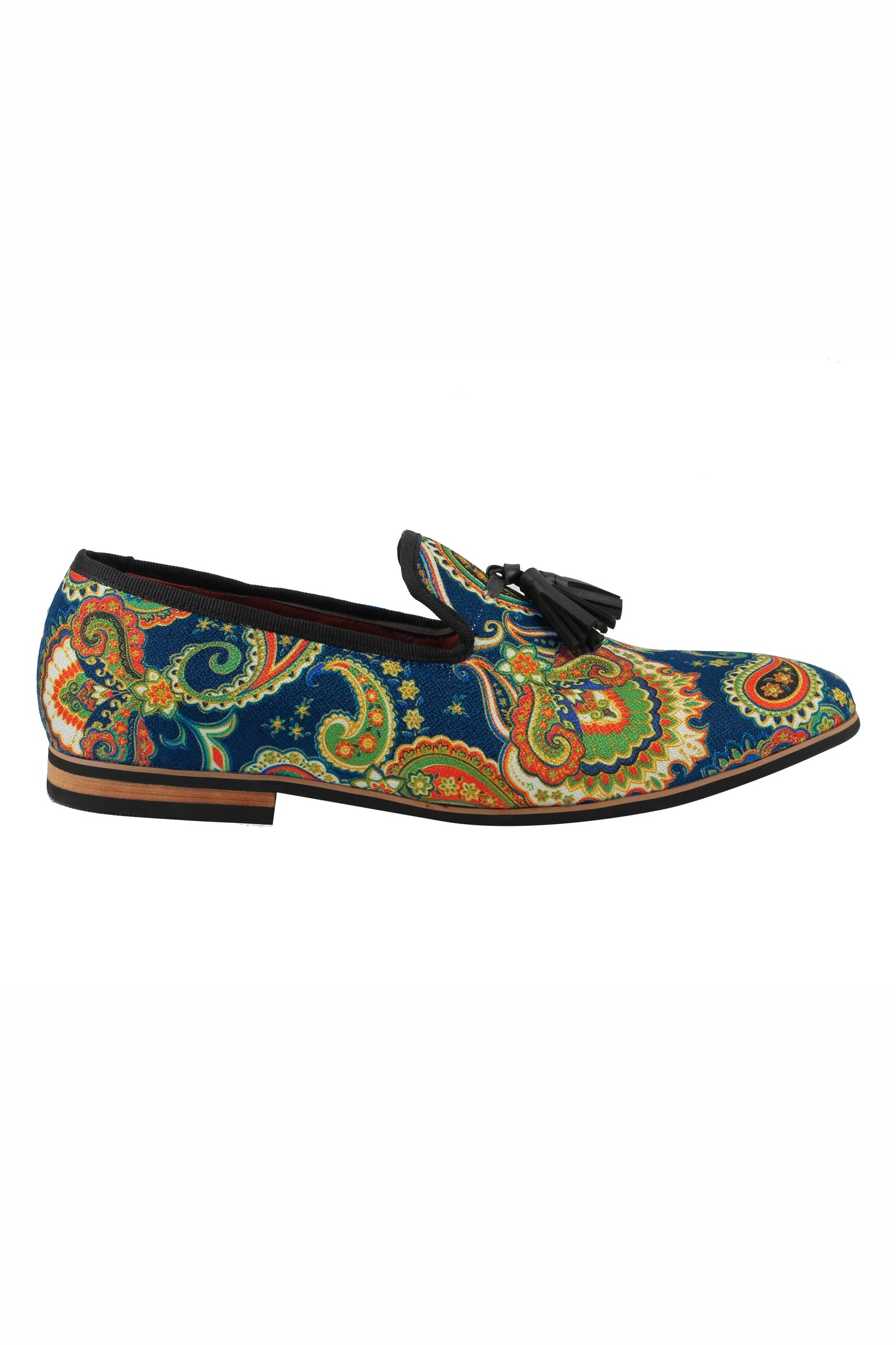 MENS LEATHER TASSEL LOAFER VINTAGE DESIGNER STYLE PAISLEY PRINT SHOES BLACK BLUE