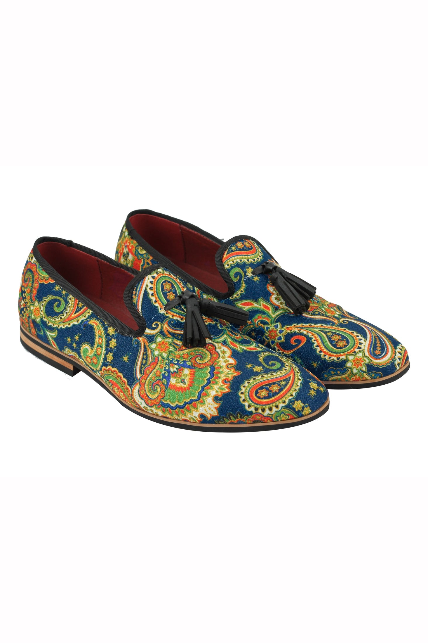 MENS LEATHER TASSEL LOAFER VINTAGE DESIGNER STYLE PAISLEY PRINT SHOES BLACK BLUE