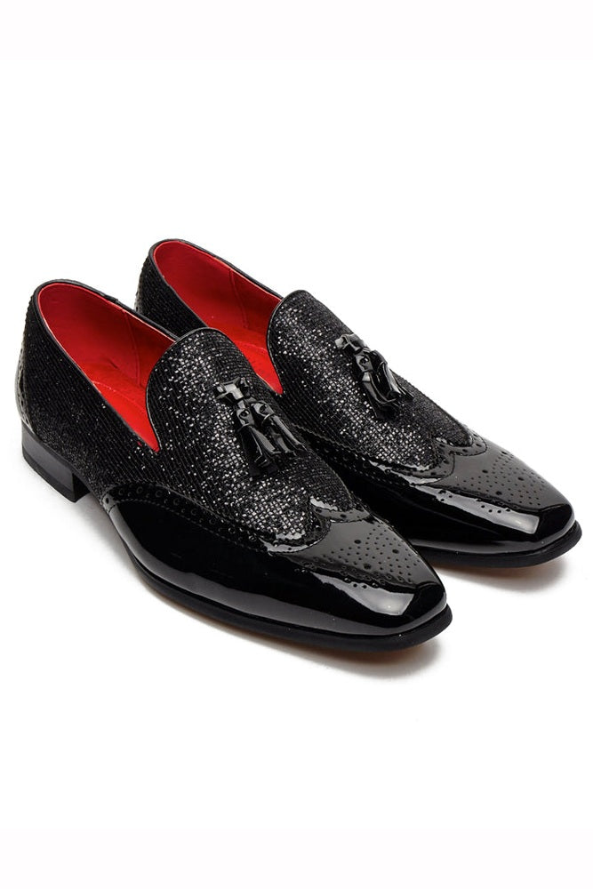 BLACK FAUX PATENT LEATHER SHINY GLITTER PARTY TASSEL LOAFER