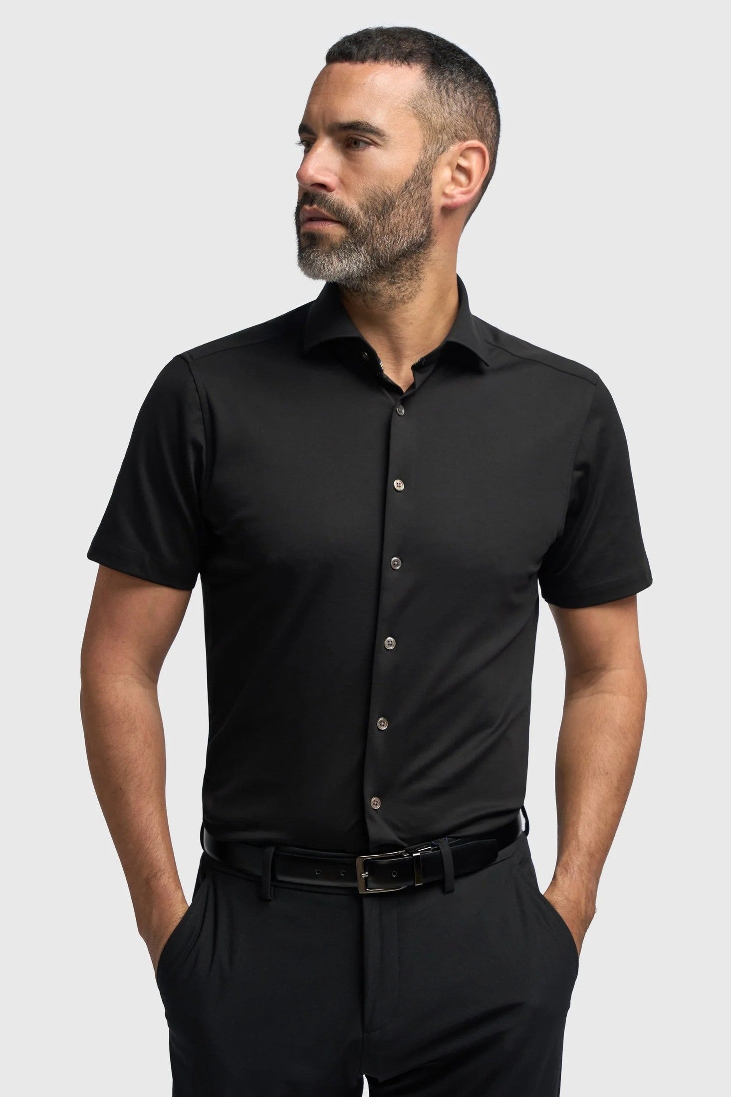 Black Cotton Stretch Slim Fit Shirt – Short Sleeve