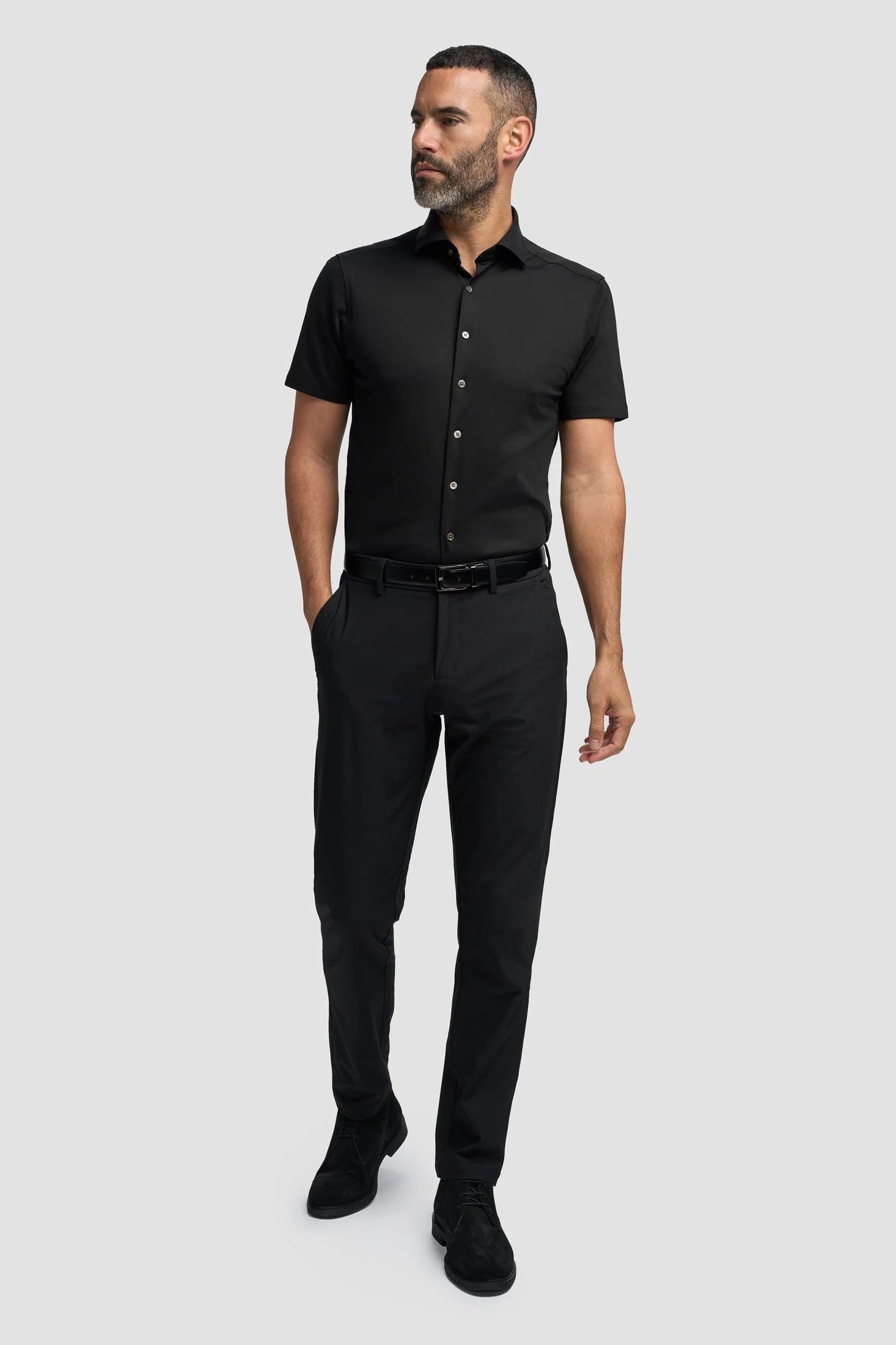 Black Cotton Stretch Slim Fit Shirt – Short Sleeve