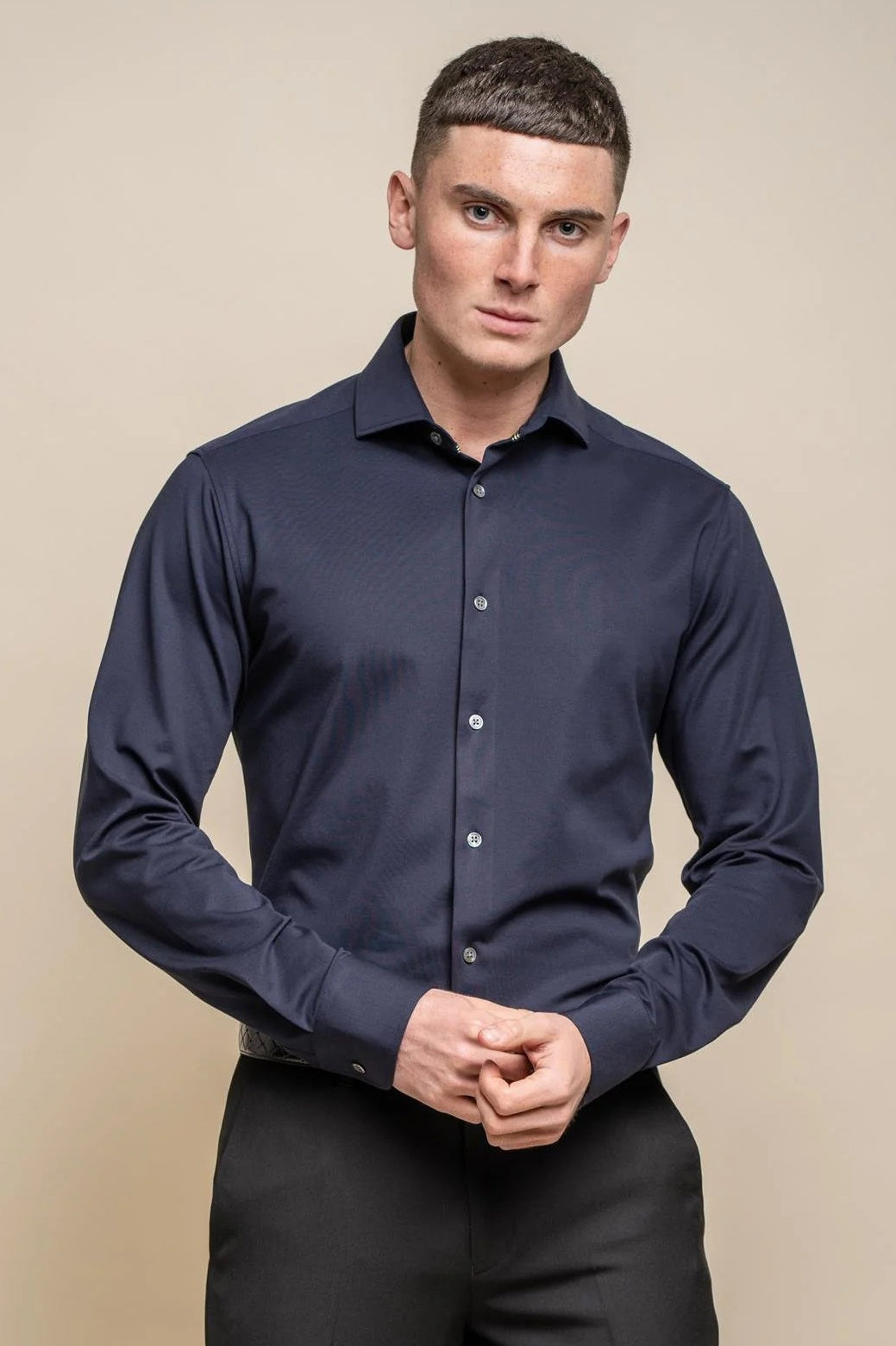 Cavani – Navy Cotton Blend Stretch Slim Fit Shirt