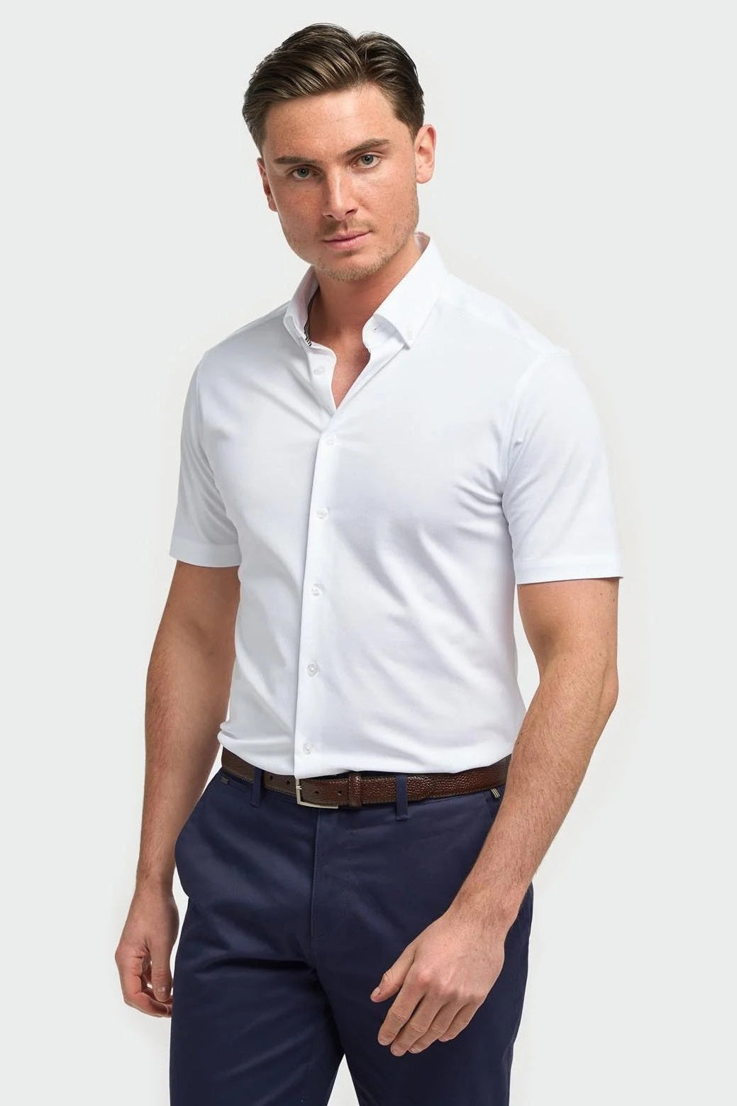 White Cotton Stretch Slim Fit Shirt – Short Sleeve CAVANI