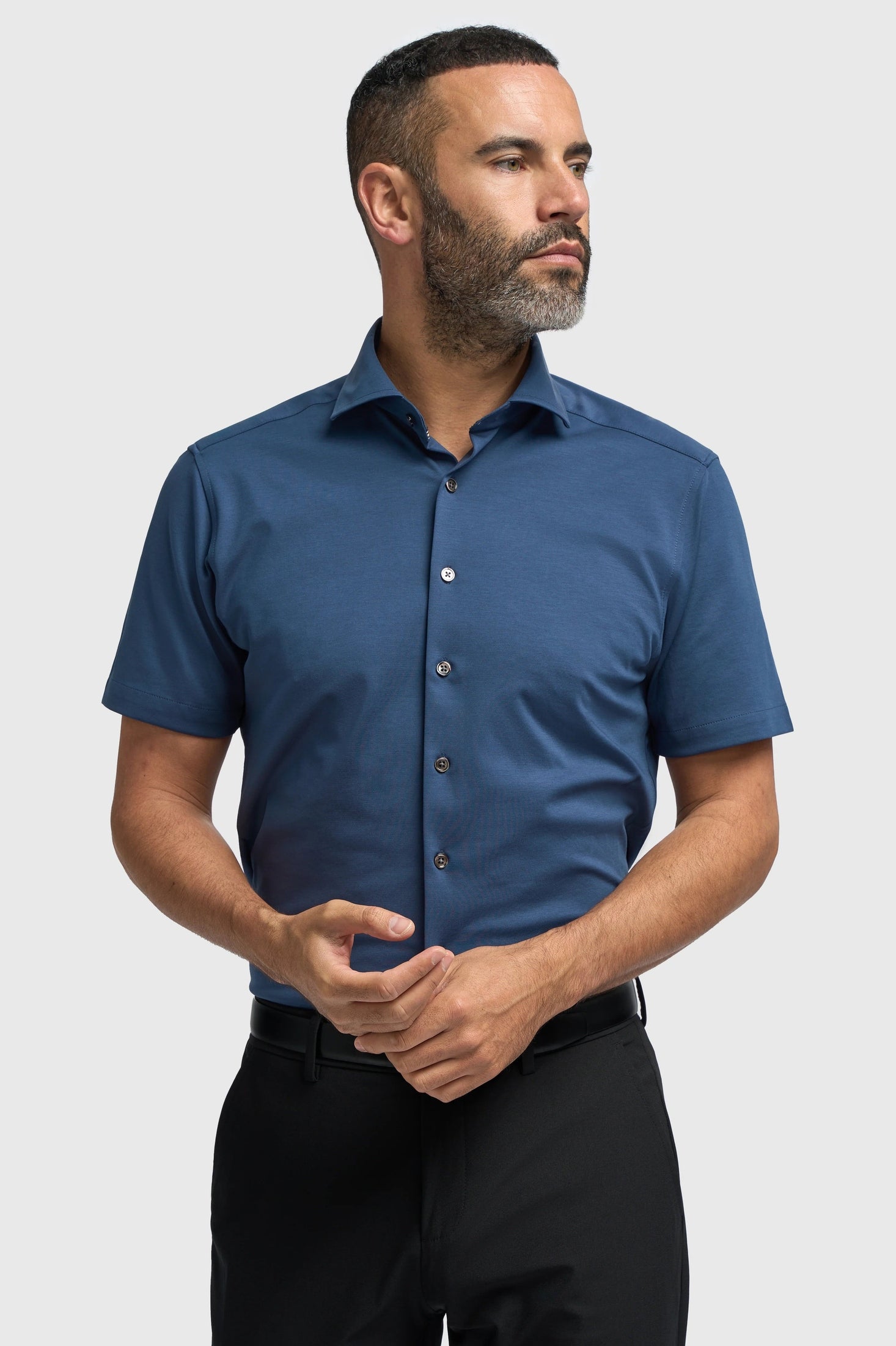 Blue Cotton Stretch Slim Fit Shirt – Short Sleeve