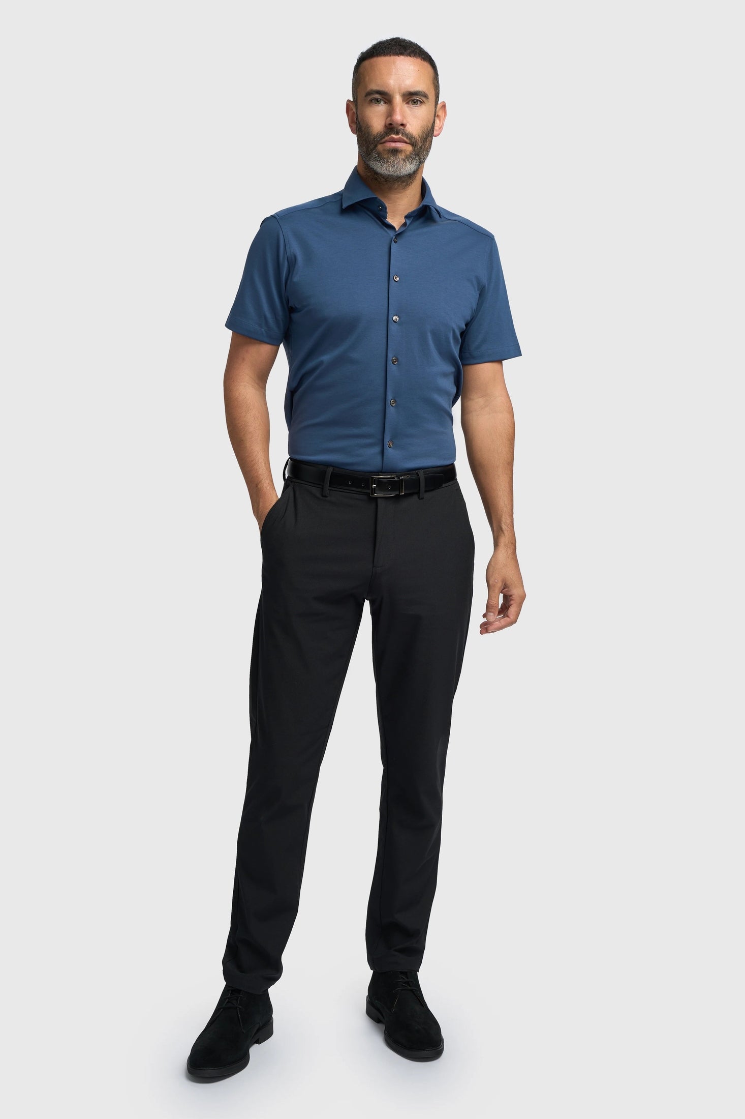 Blue Cotton Stretch Slim Fit Shirt – Short Sleeve
