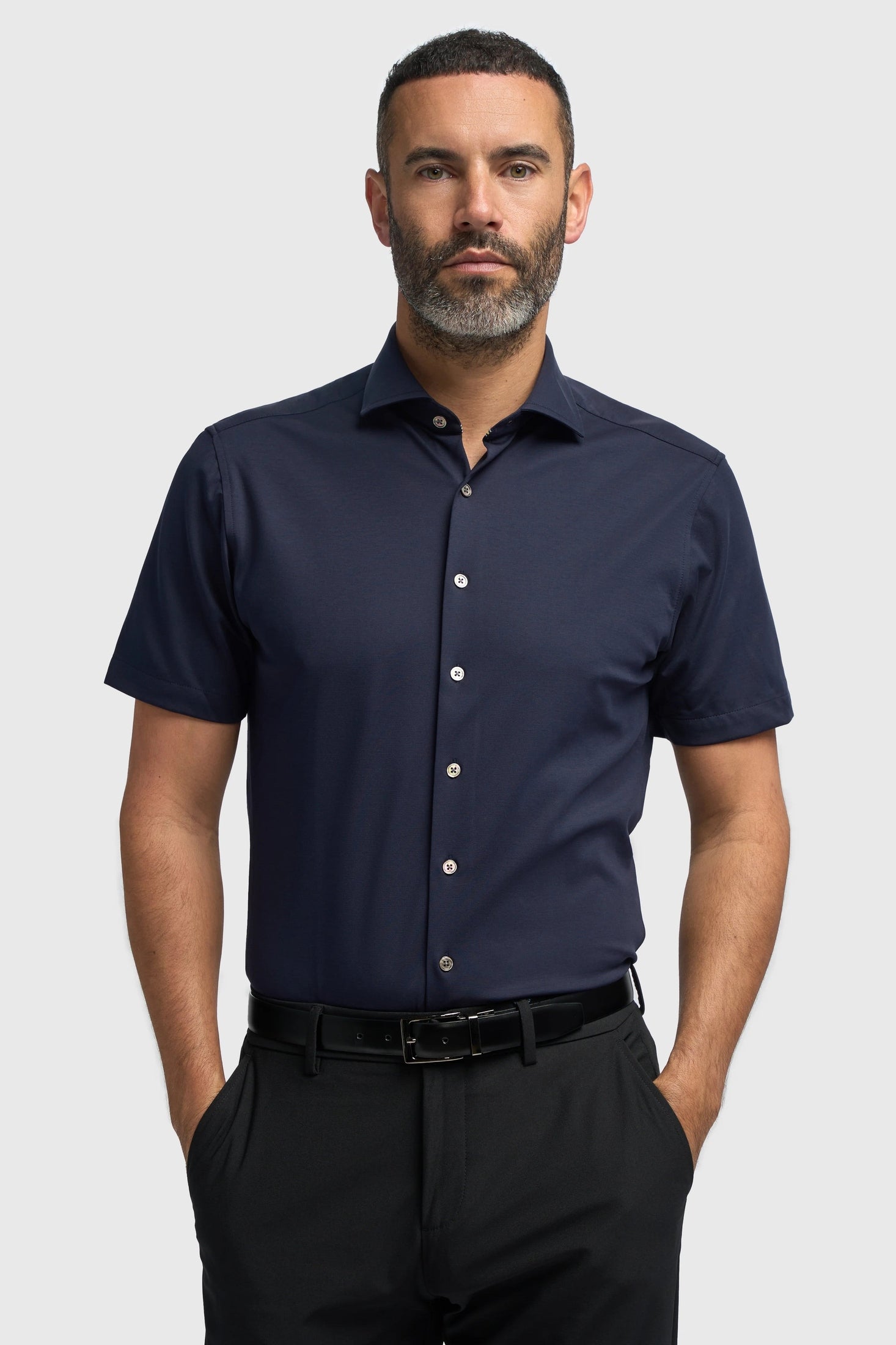 Navy Cotton Stretch Slim Fit Shirt – Short Sleeve