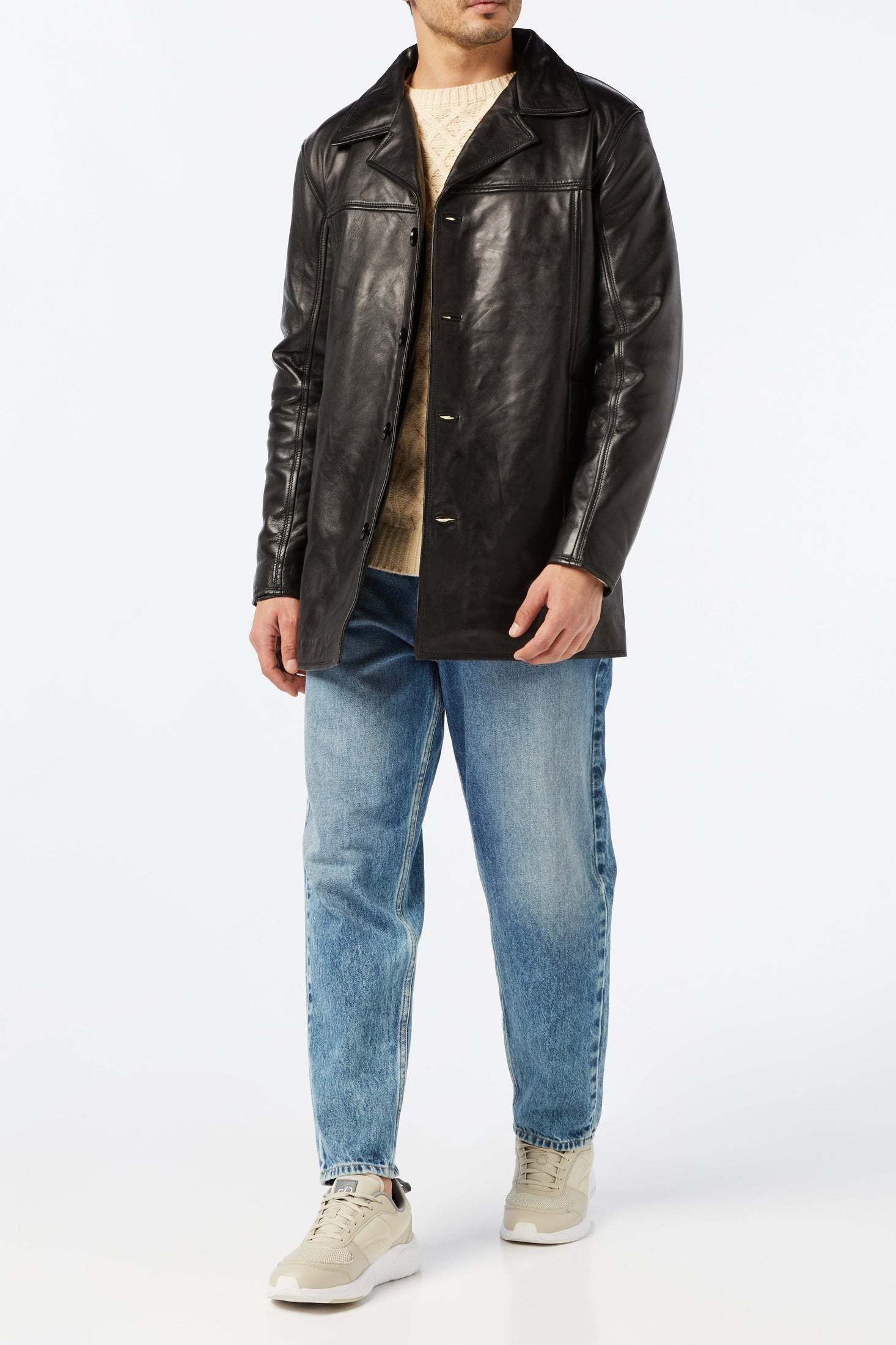 XPOSED Mens Real Leather Blazer Style Vintage Smart Casual Black Reefer Jacket