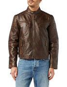 Mens Real Soft Leather Slim Fit Antique Washed Brown Urban Retro Biker Jacket