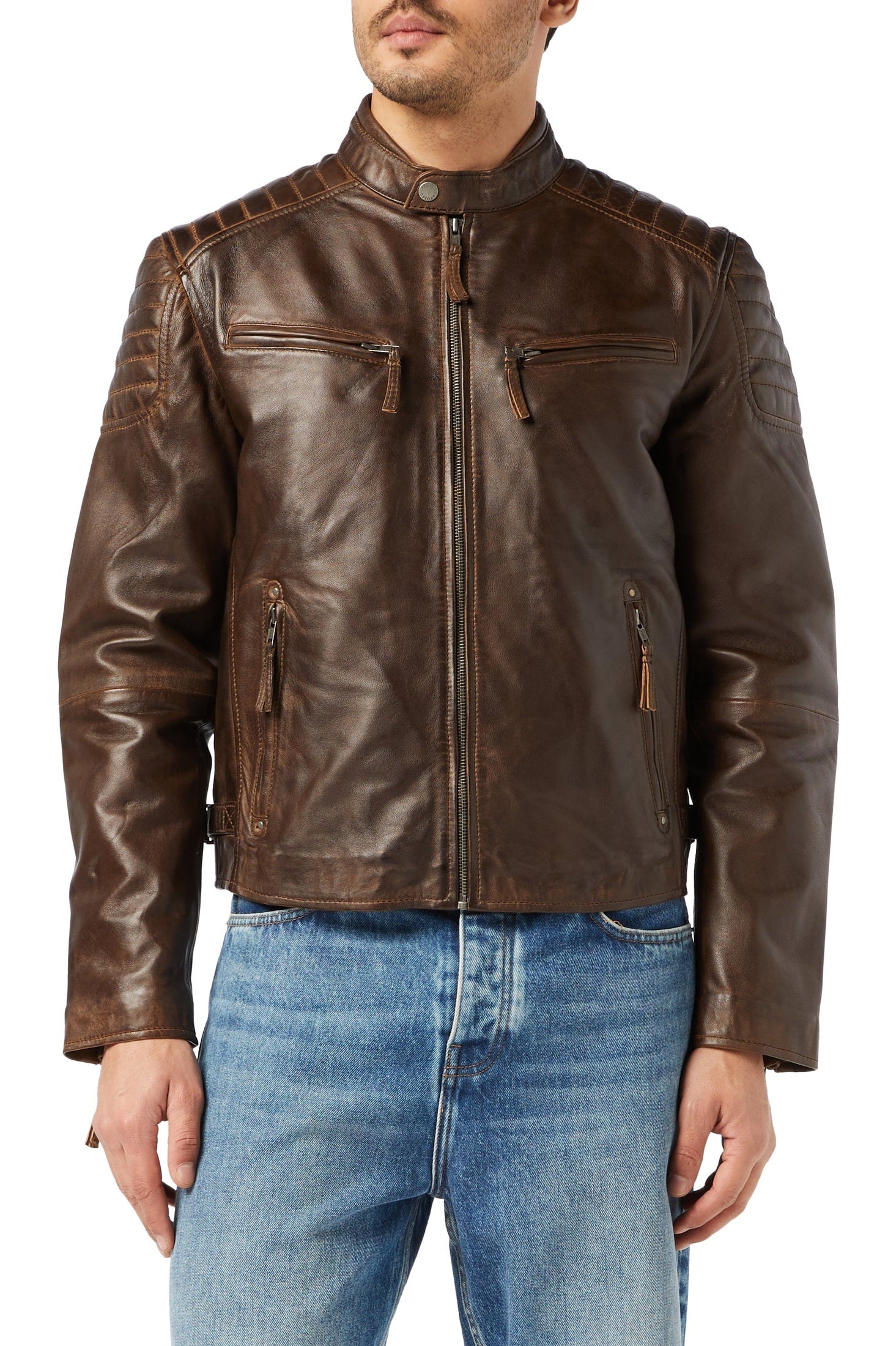 Mens Real Soft Leather Slim Fit Antique Washed Brown Urban Retro Biker Jacket