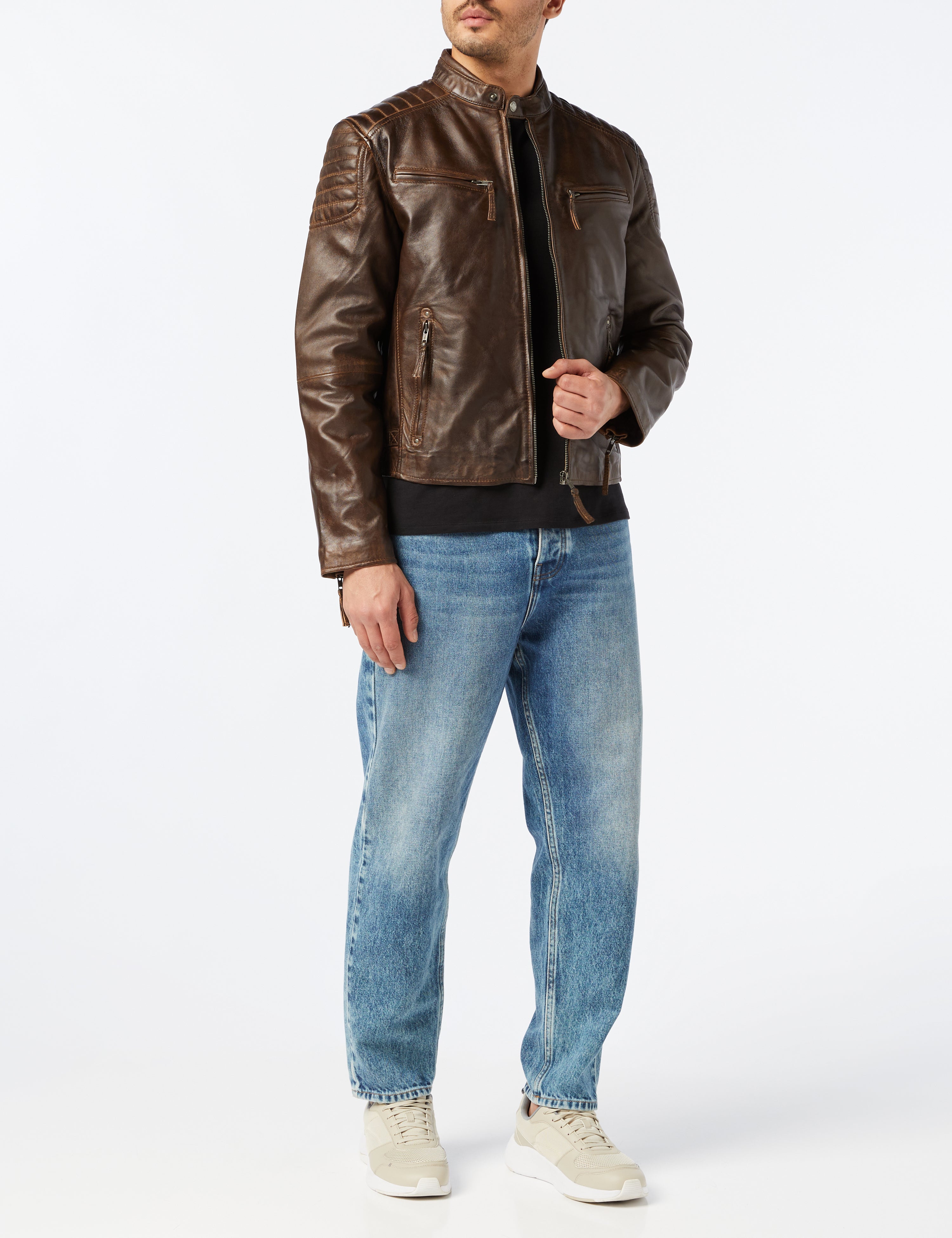 Mens Real Soft Leather Slim Fit Antique Washed Brown Urban Retro Biker Jacket