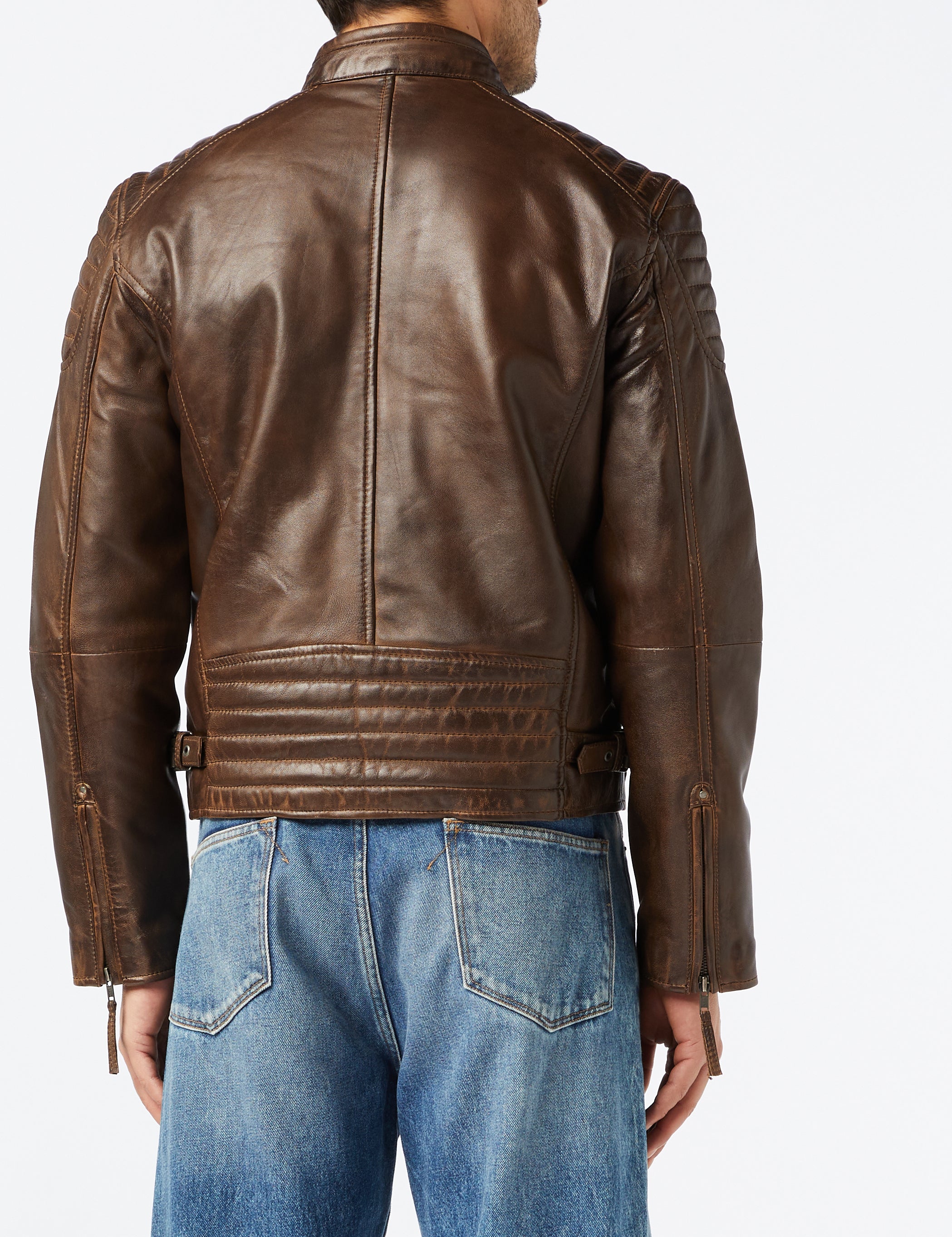 Mens Real Soft Leather Slim Fit Antique Washed Brown Urban Retro Biker Jacket