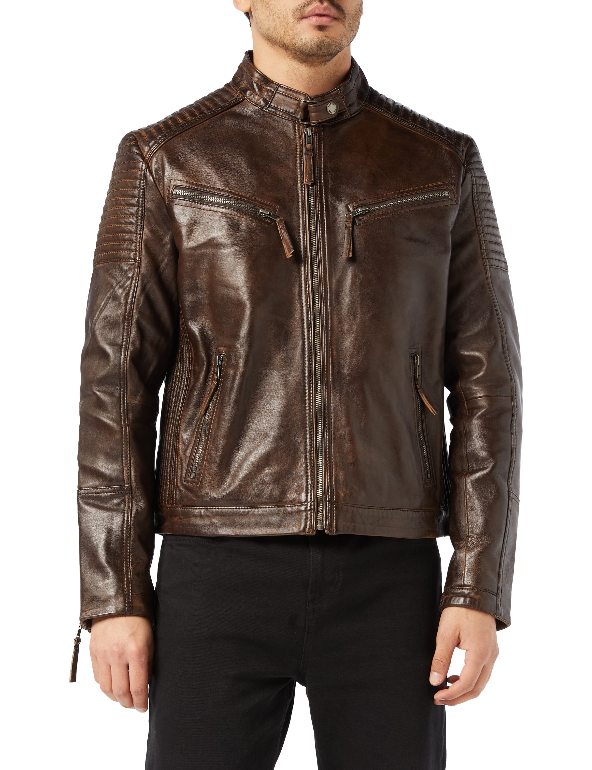 Mens Real Leather Fitted Brown Retro Biker Vintage Urban Zip Casual Jacket