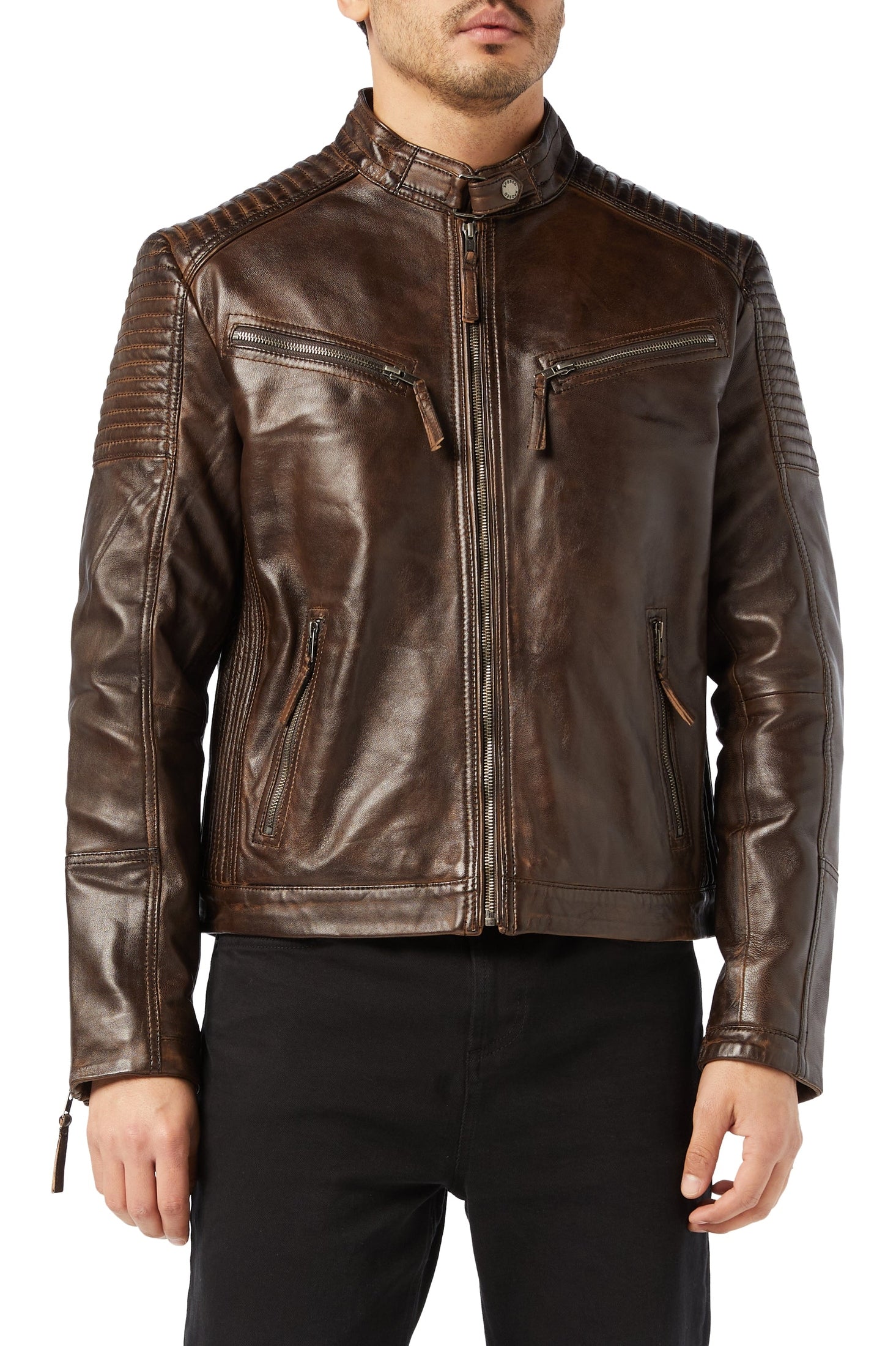 Mens Real Leather Fitted Brown Retro Biker Vintage Urban Zip Casual Jacket