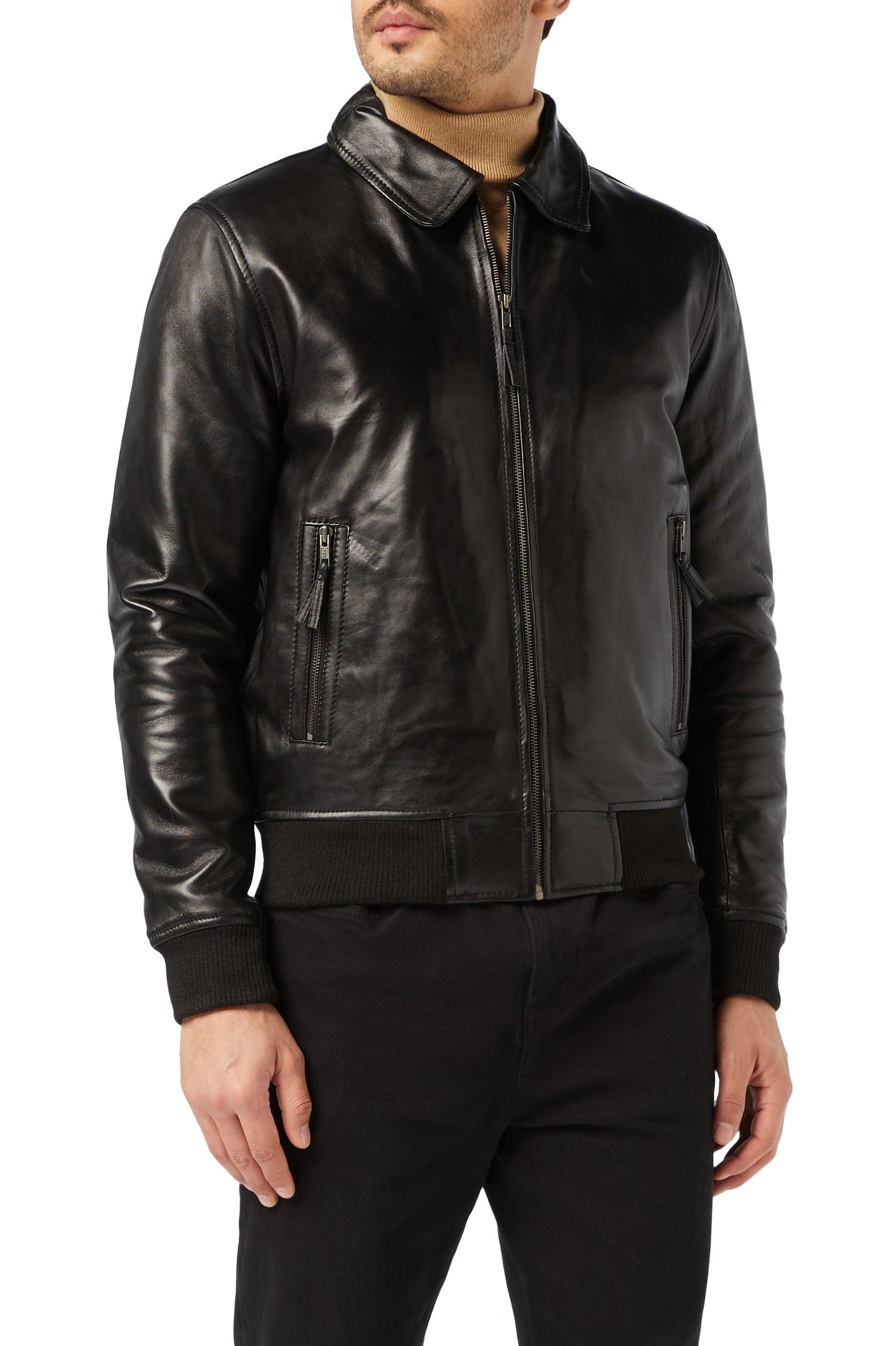 Mens Black Soft Real Leather Vintage Classic Bomber Style Biker Jacket All Sizes