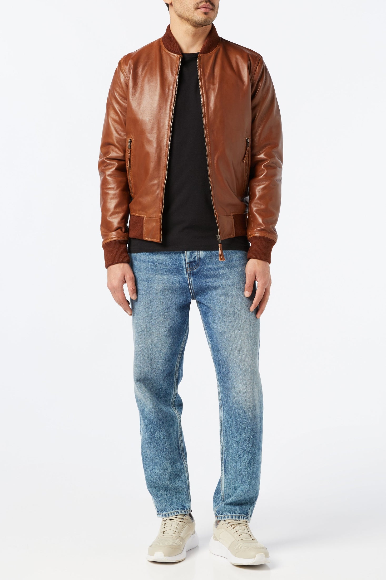 XPOSED Mens Tan Soft Real Leather Smart Casual Vintage Bomber Biker Style Jacket