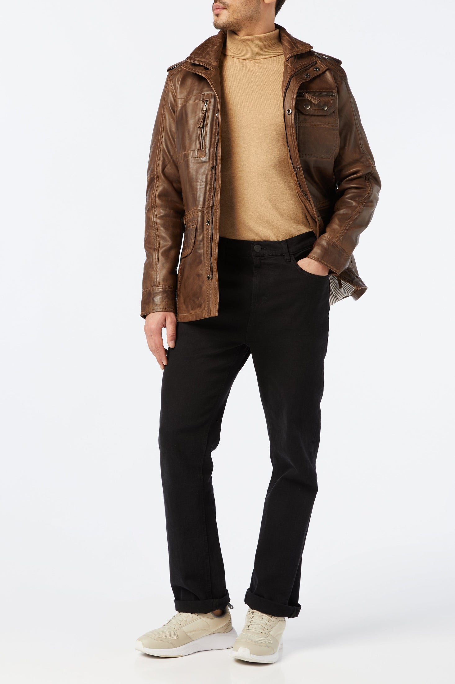 XPOSED Mens Real Leather Vintage Smart Casual Brown Military Style Field Jacket