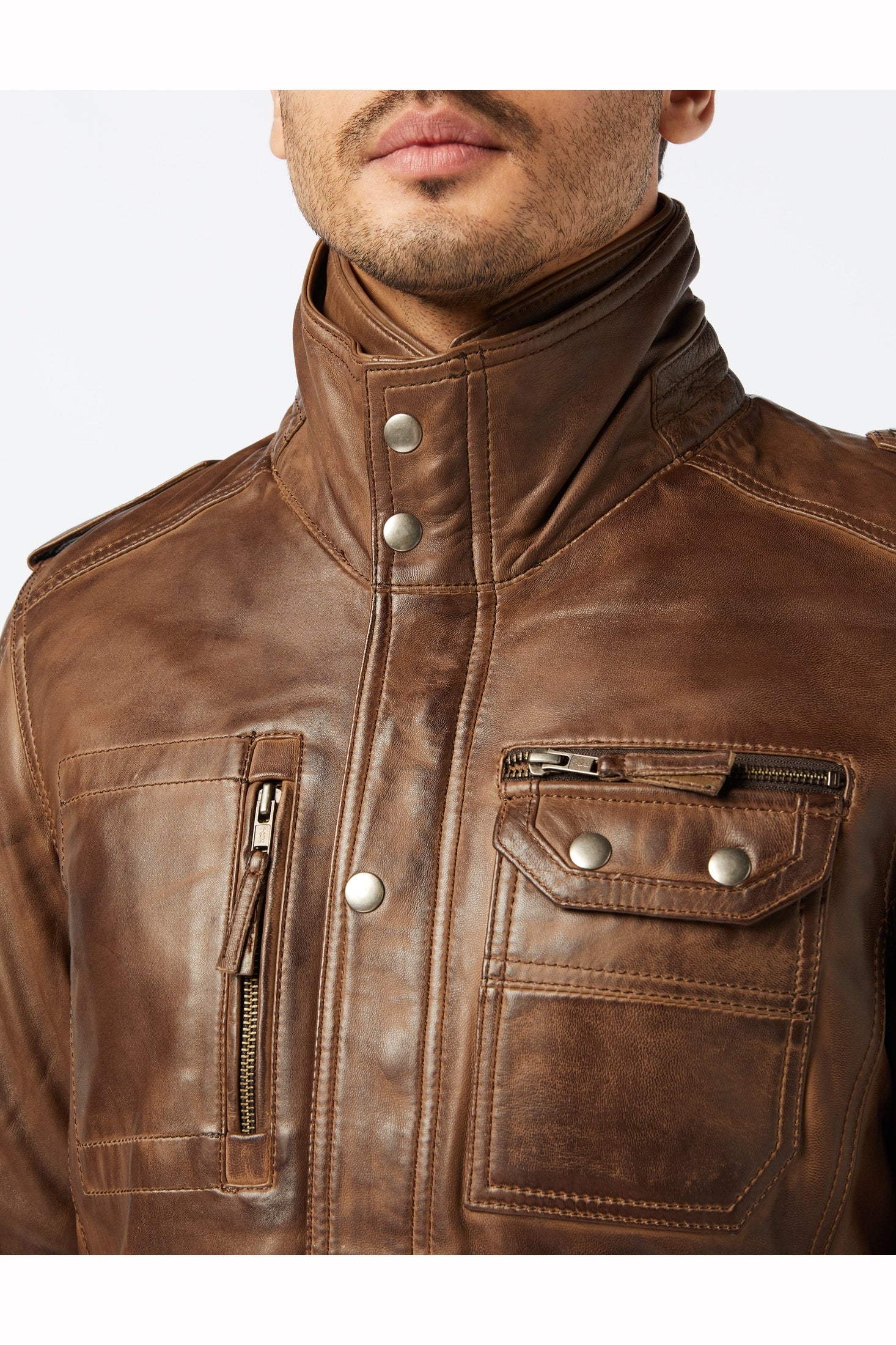 XPOSED Mens Real Leather Vintage Smart Casual Brown Military Style Field Jacket