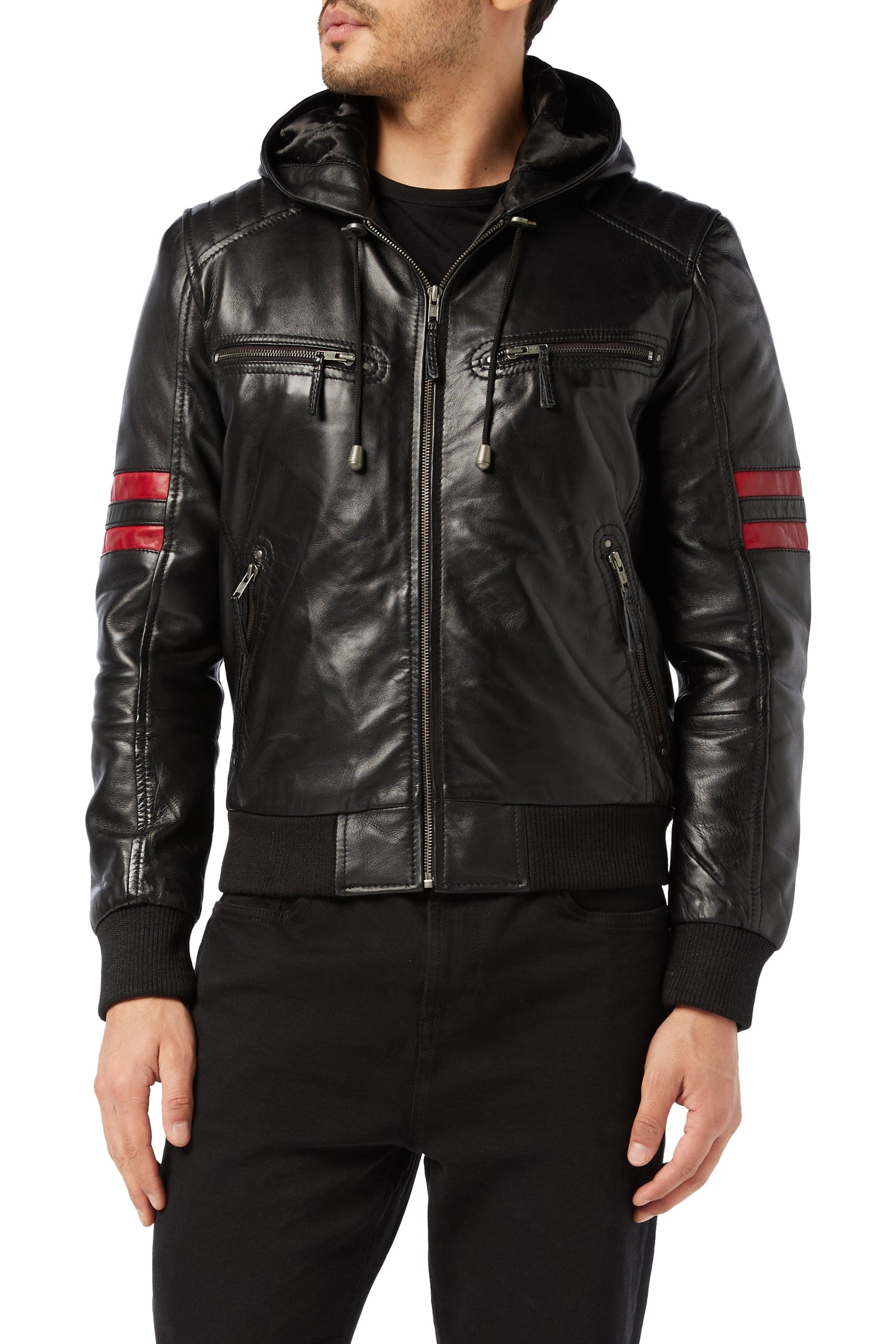 Mens Black Real Leather Bomber Jacket with Hood Vintage Smart Casual Biker Style