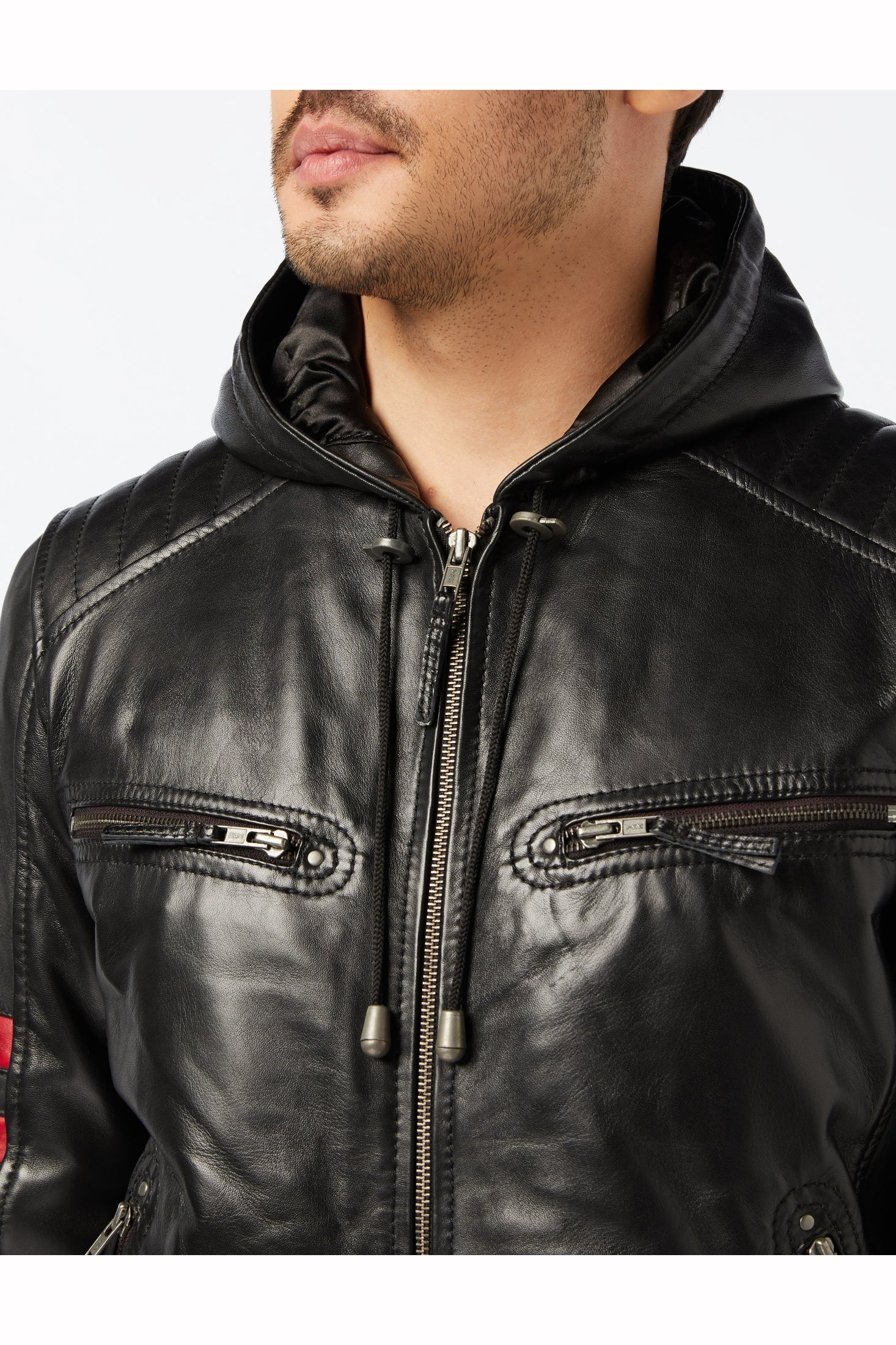 Mens Black Real Leather Bomber Jacket with Hood Vintage Smart Casual Biker Style