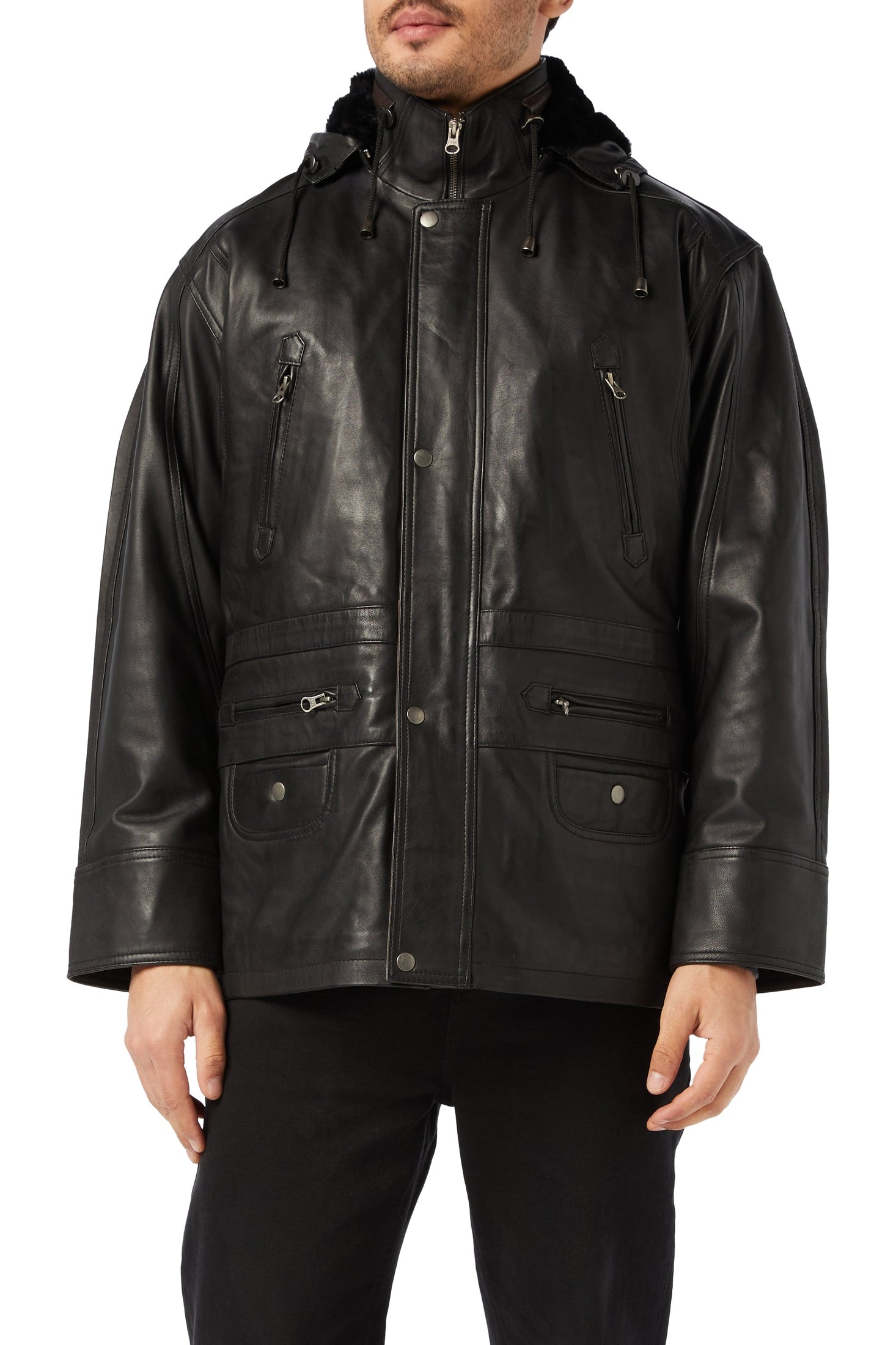 Mens 3/4 Long Real Leather Duffle Coat Safari Jacket Detachable Hood Fur Lining