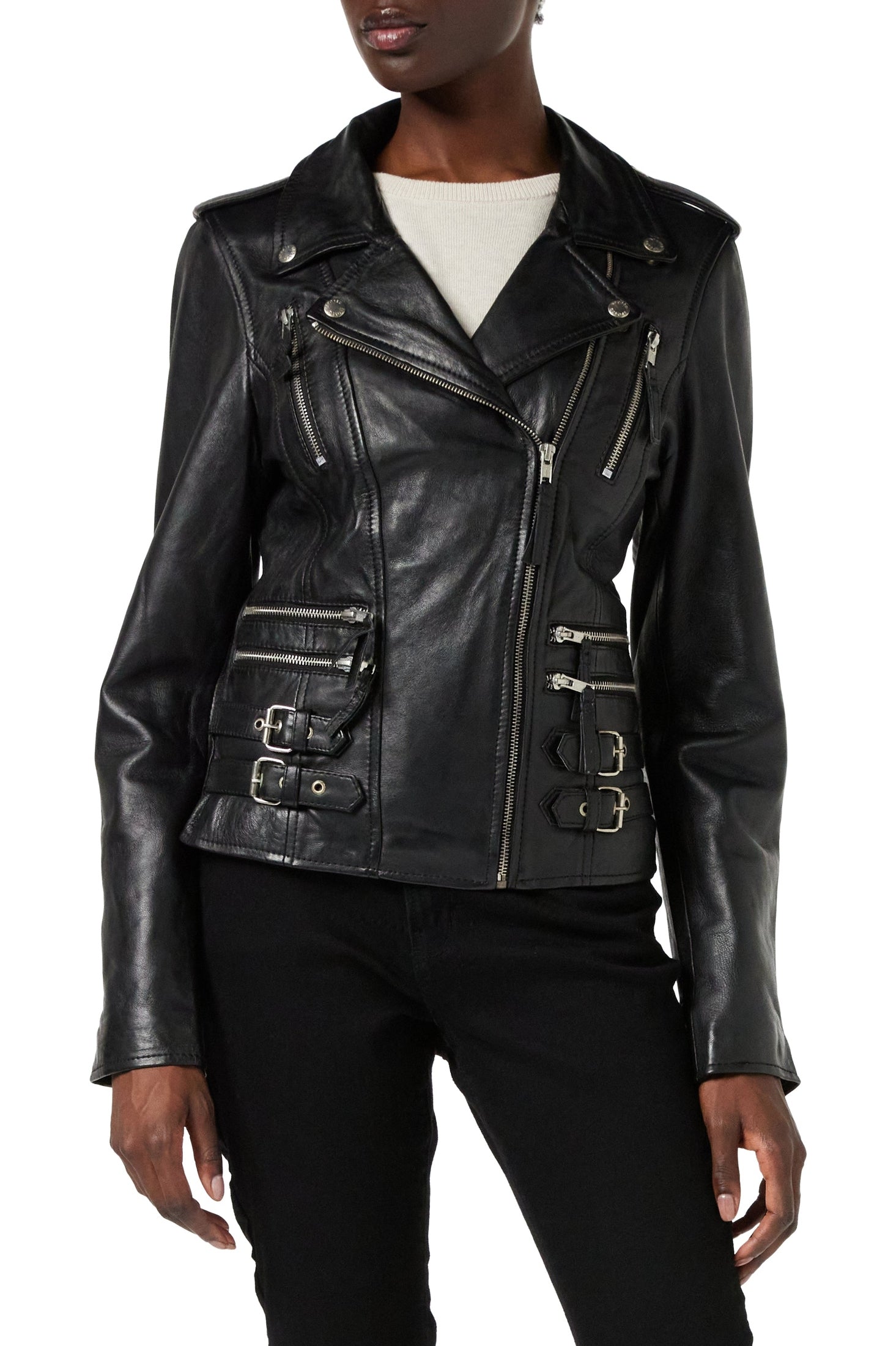 Ladies Womens Black Real Leather Fitted Vintage Biker Style Zip Buckle Jacket