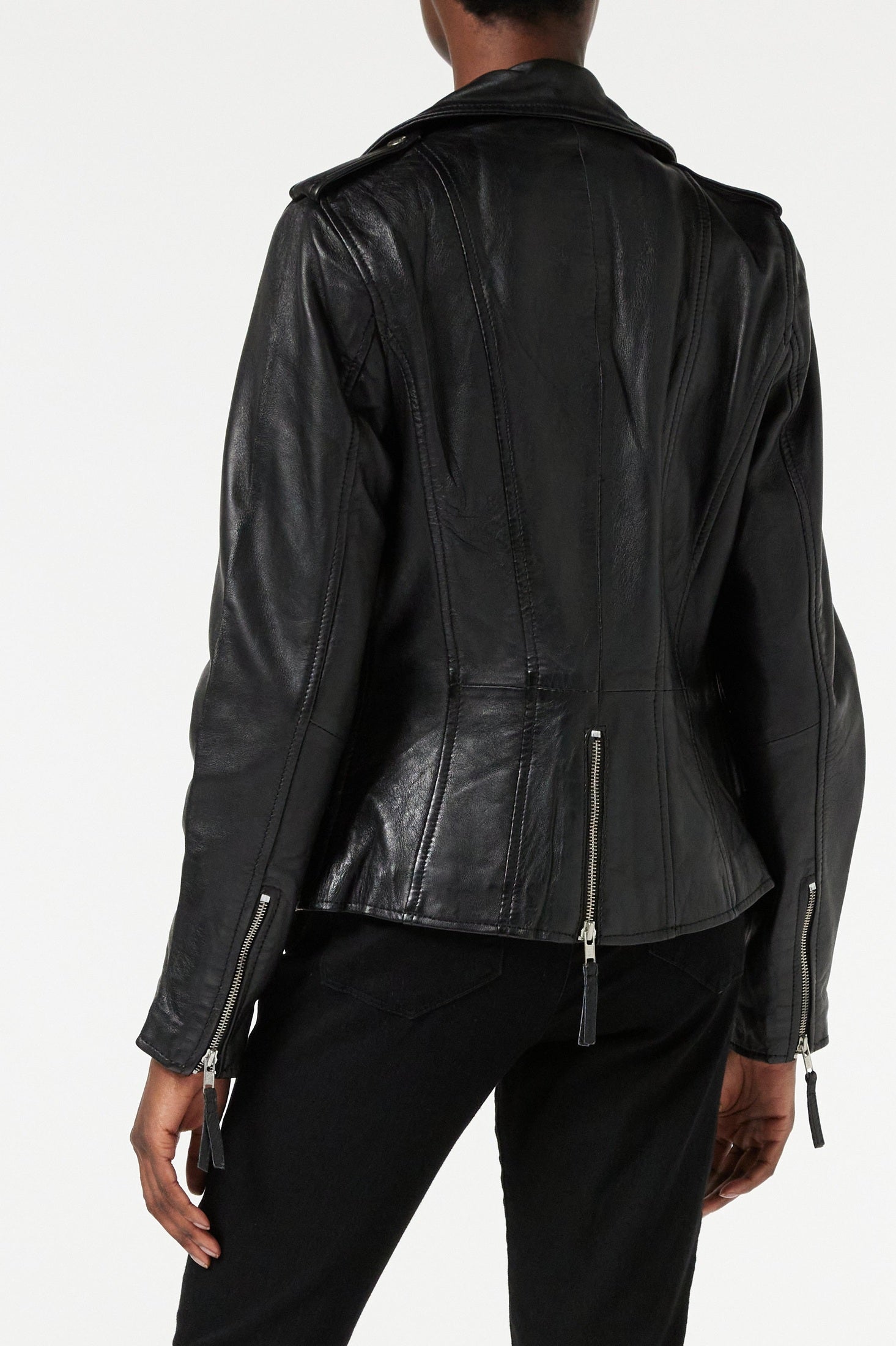 Ladies Womens Black Real Leather Fitted Vintage Biker Style Zip Buckle Jacket