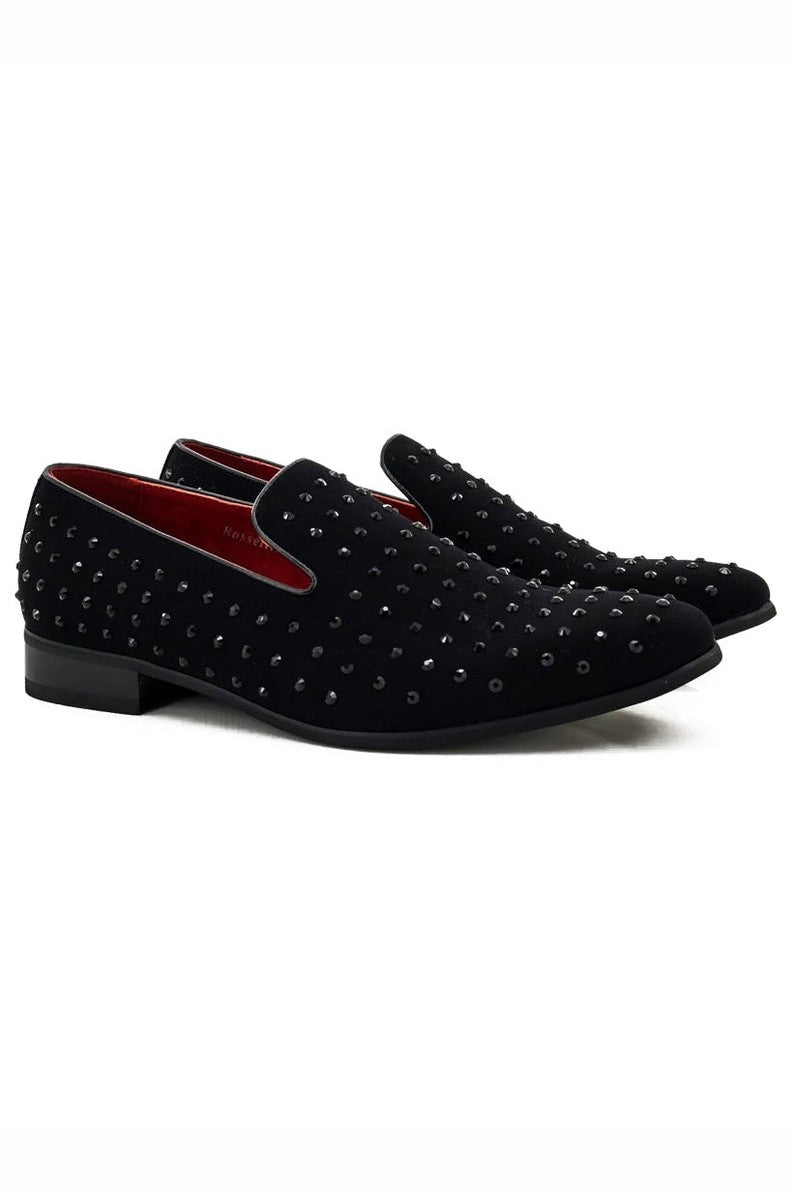 BLACK SUEDE LEATHER LINED GLITTER STUD LOAFERS