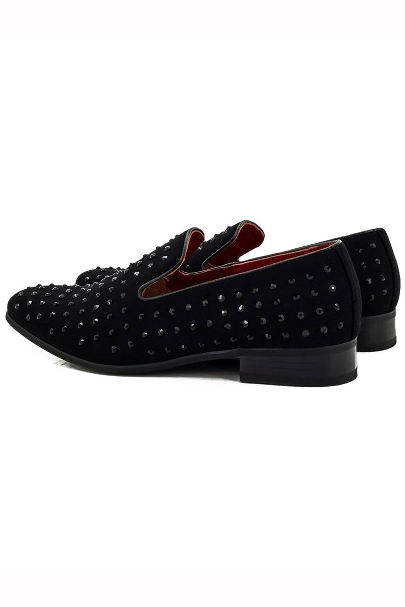 BLACK SUEDE LEATHER LINED GLITTER STUD LOAFERS