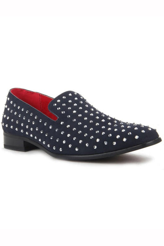 NAVY SUEDE LEATHER LINED GLITTER STUD LOAFERS